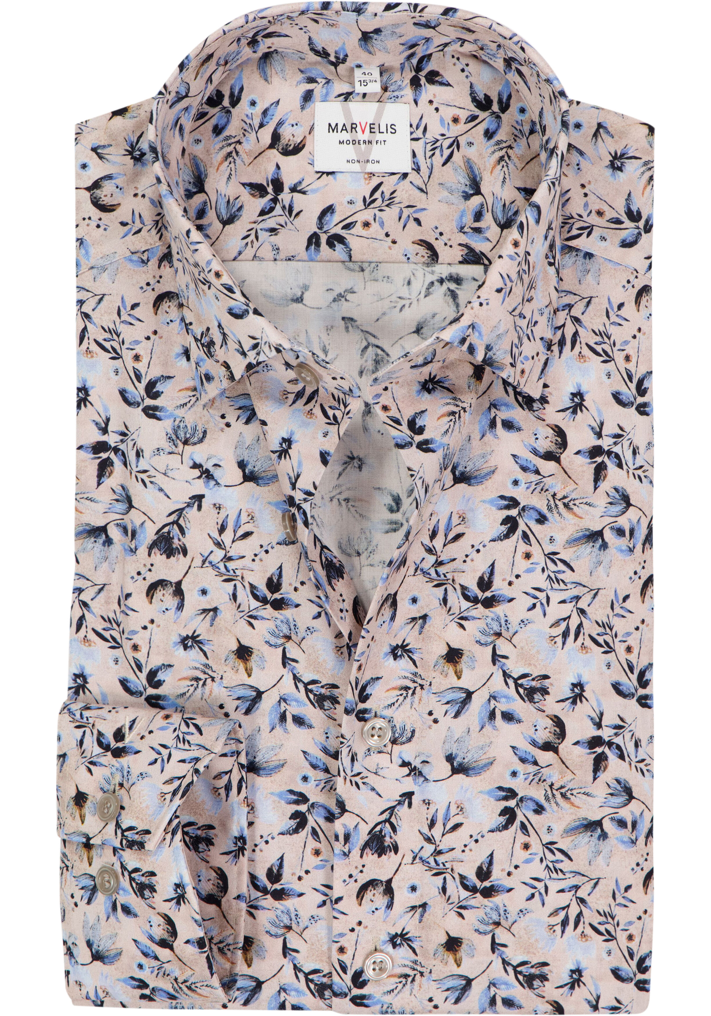 MARVELIS modern fit overhemd, popeline, beige met blauw en bruin bloemen dessin