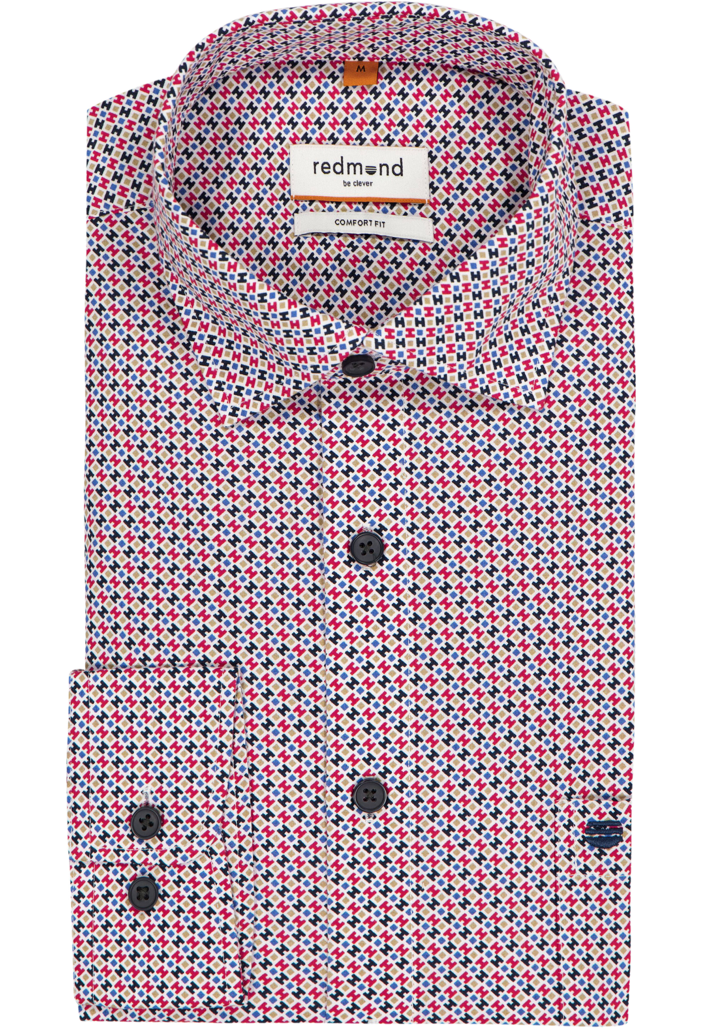 Redmond comfort fit overhemd, popeline, blauw met rood, wit en beige dessin