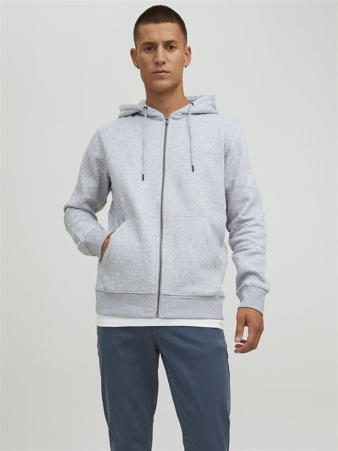 JACK & JONES Star basic sweat zip hood regular fit, heren sweatvest katoenmengsel met capuchon, lichtgrijs melange