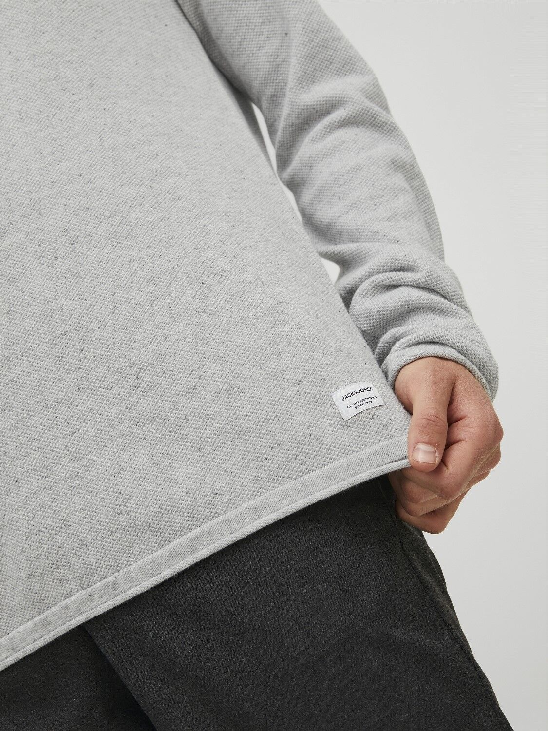 JACK & JONES Hill knit crew neck slim fit, heren pullover katoen met O-hals, lichtgrijs melange