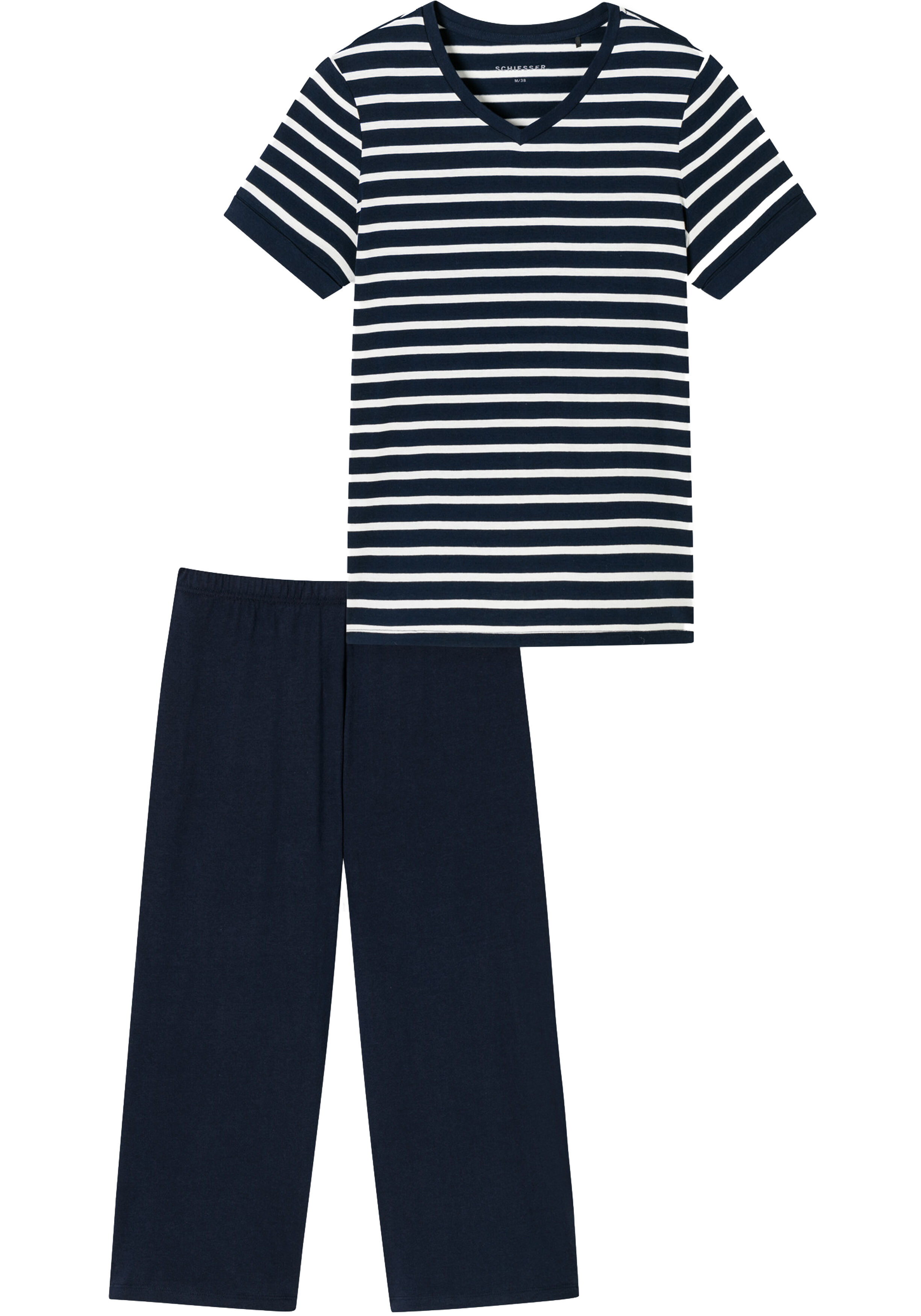 SCHIESSER dames Cotton Essentials Pyjama lang, dames pyjama set, nachtblauw gestreept