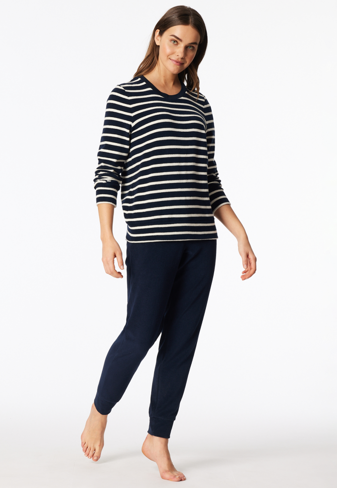 SCHIESSER dames Cotton Essentials Pyjama lang, dames pyjama set, nachtblauw gestreept