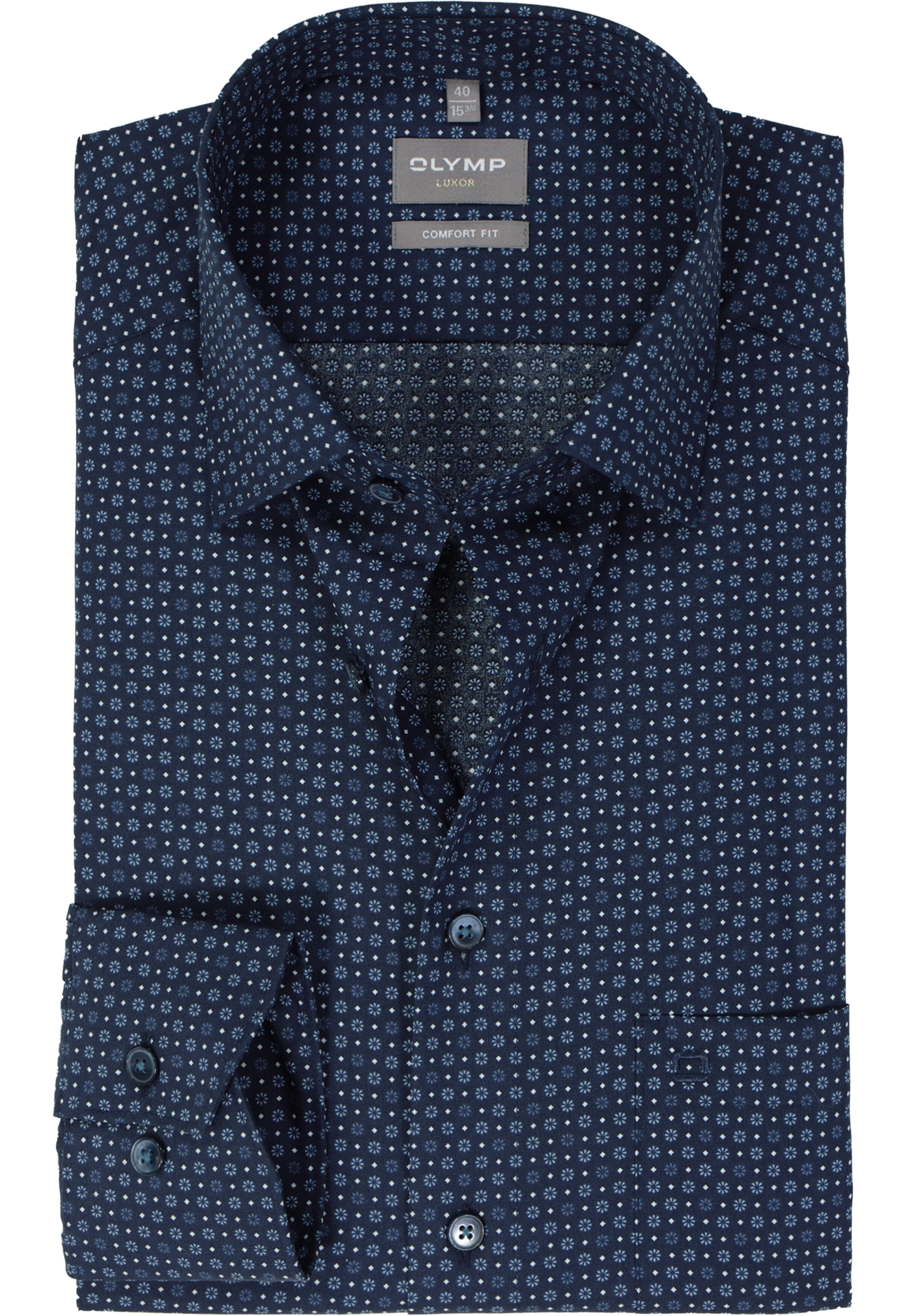 OLYMP comfort fit overhemd, mouwlengte 7, popeline, marine blauw dessin