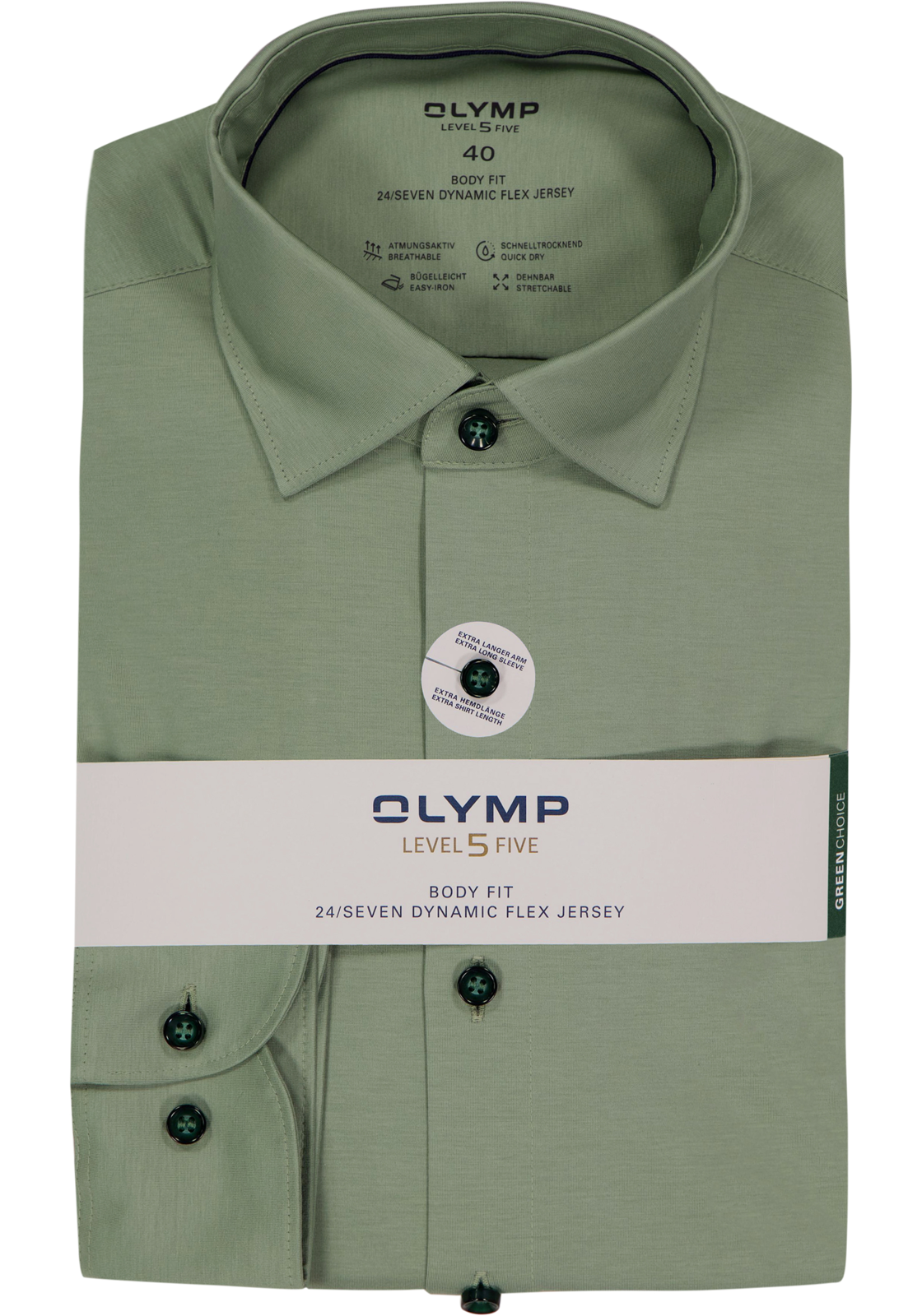OLYMP 24/7 Level 5 body fit overhemd, mouwlengte 7, tricot, groen OLYMP 24/7 Level 5 body fit overhemd, mouwlengte 7, tricot, groen