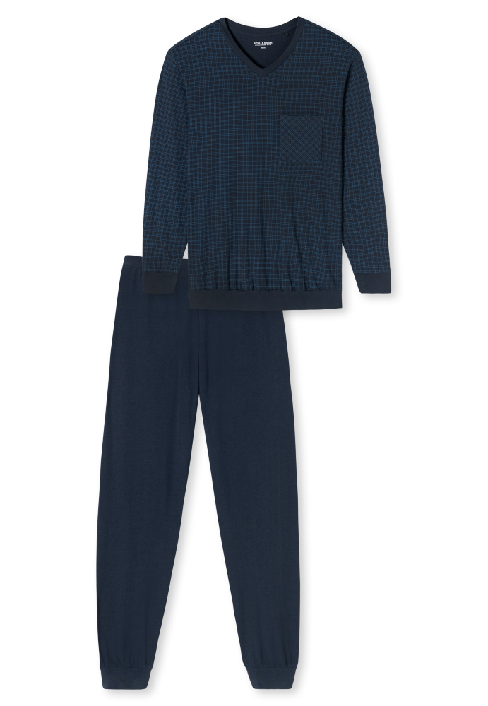 SCHIESSER Cotton Essentials Pyjama lang, heren pyjama set, nachtblauw dessin