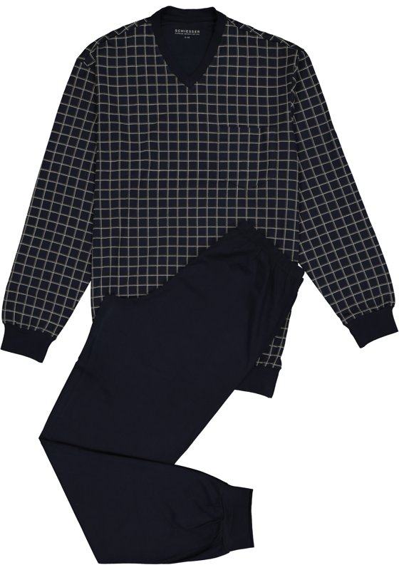 SCHIESSER heren pyjama, V-hals, blauw met wit geruit SCHIESSER heren pyjama, V-hals, blauw met wit geruit
