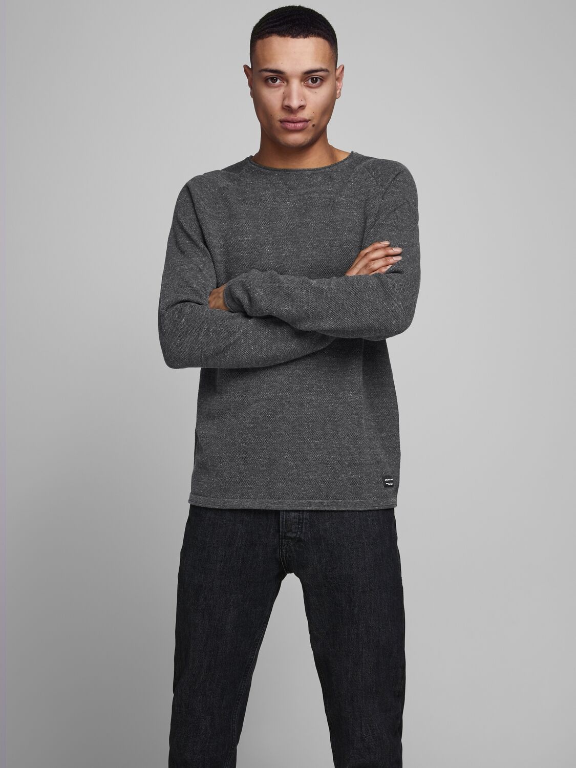JACK & JONES Hill knit crew neck slim fit, heren pullover katoen met O-hals, donkergrijs melange