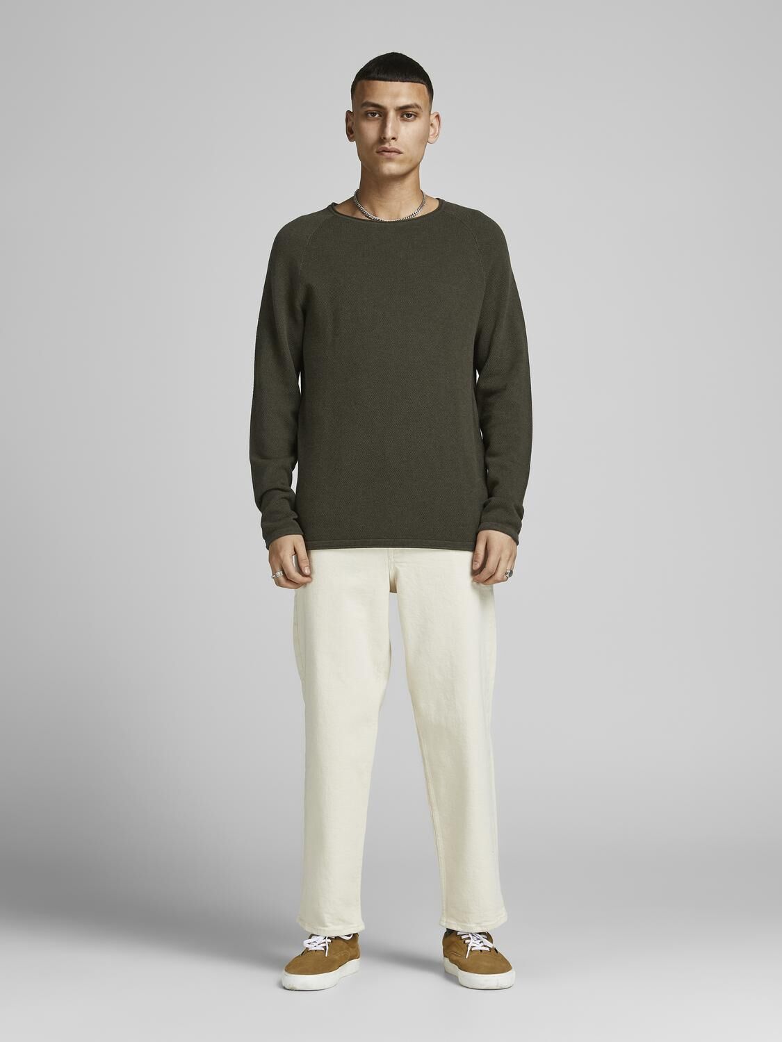 JACK & JONES Hill knit crew neck slim fit, heren pullover katoen met O-hals, groen melange
