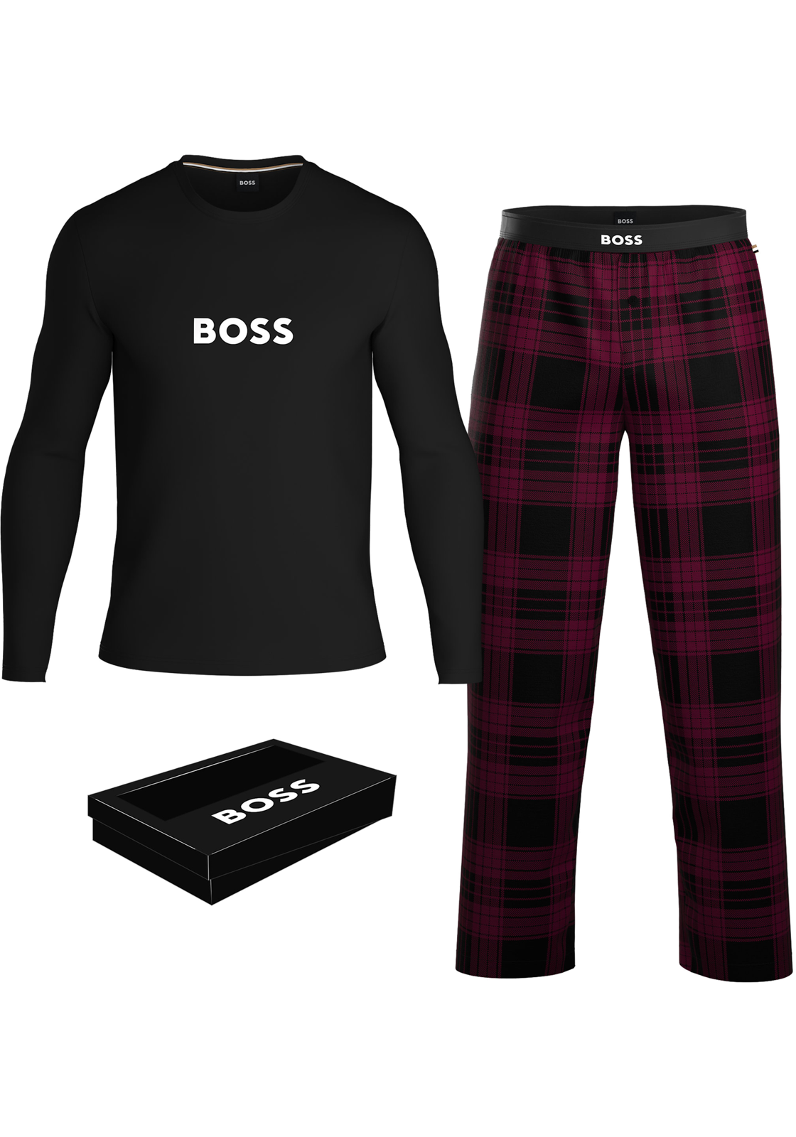 1-4063539190754-50488084-602-loungeset-hugo_boss_HR BOSS Easy Long Set, heren lounge set, zwart met donkerrood geruite broek
