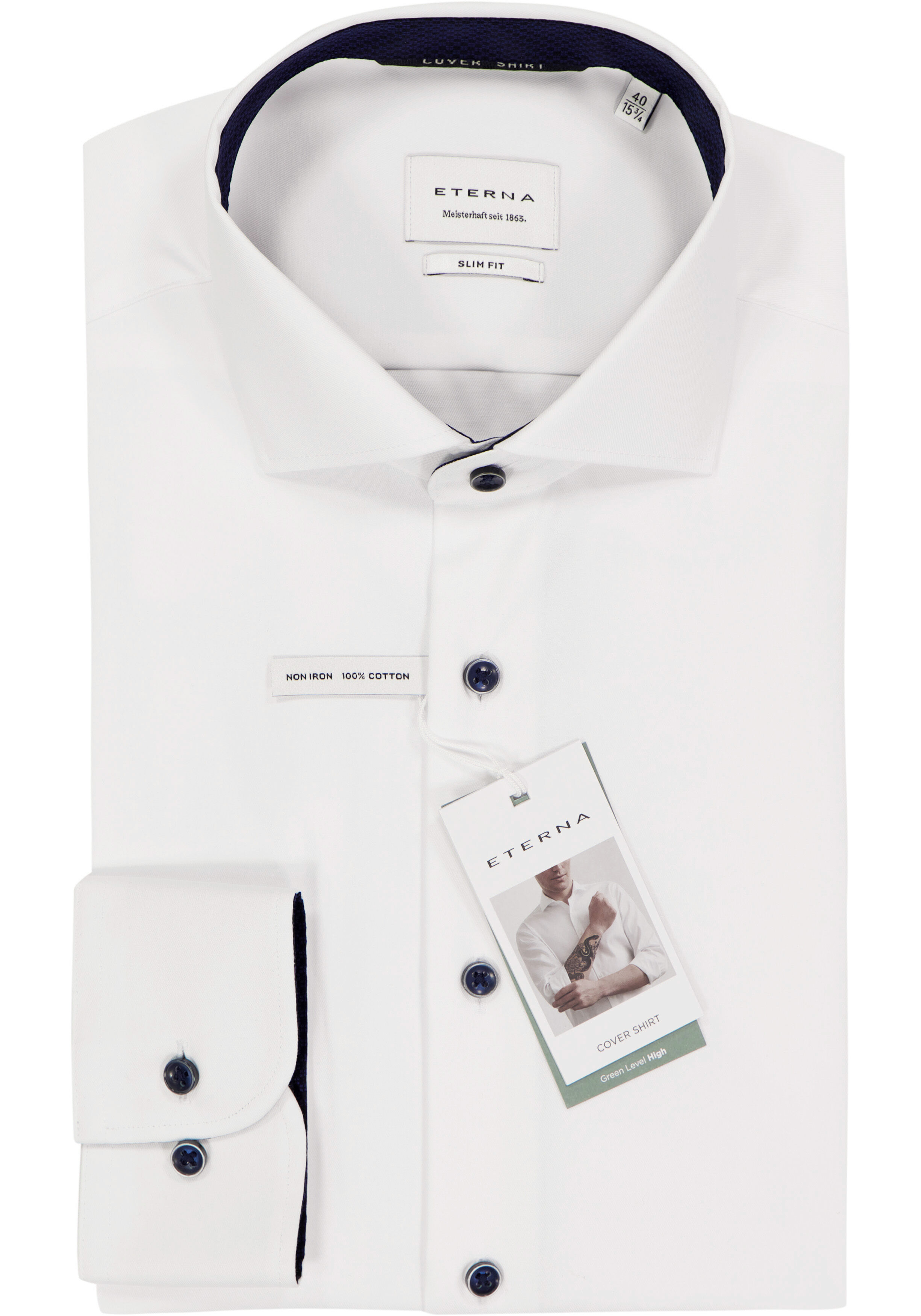 ETERNA slim fit overhemd, niet doorschijnend twill, wit (donkerblauw contrast)