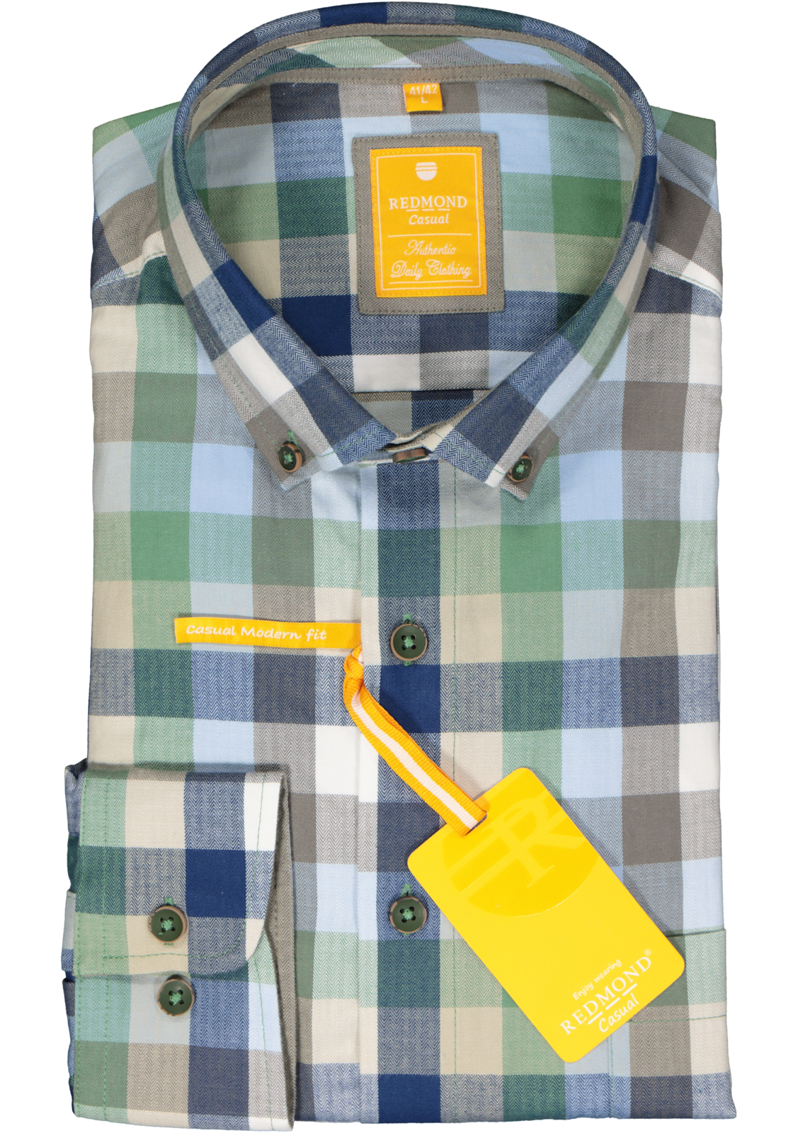 2-4061933332411_Redmond_overhemd_HR Redmond modern fit overhemd, herringbone, blauw met groen en wit geruit