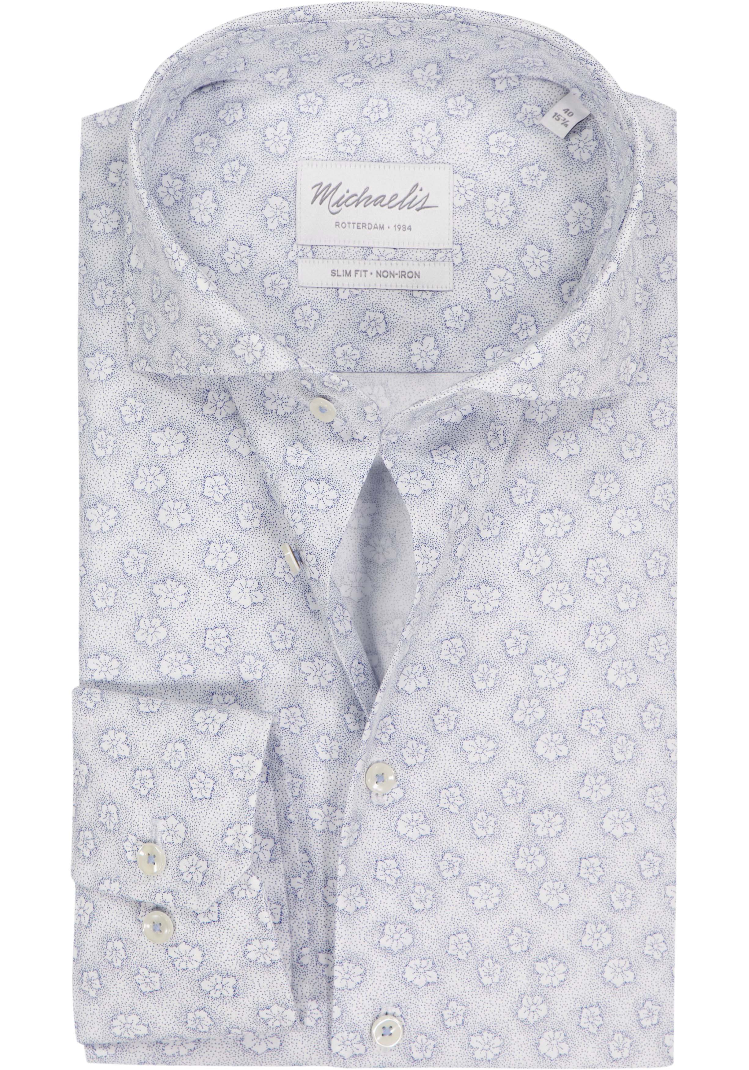 Michaelis slim fit heren overhemd, popeline, blauw met wit bloemetjes dessin