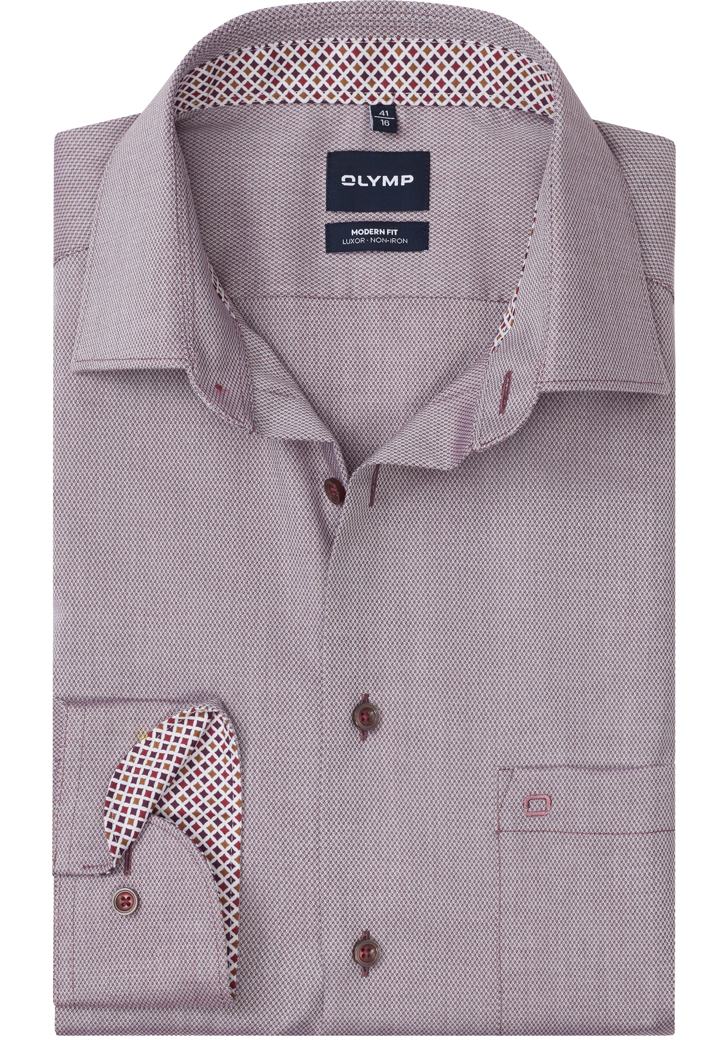 OLYMP Luxor modern fit overhemd, mouwlengte 7, structuur, bordeaux rood
