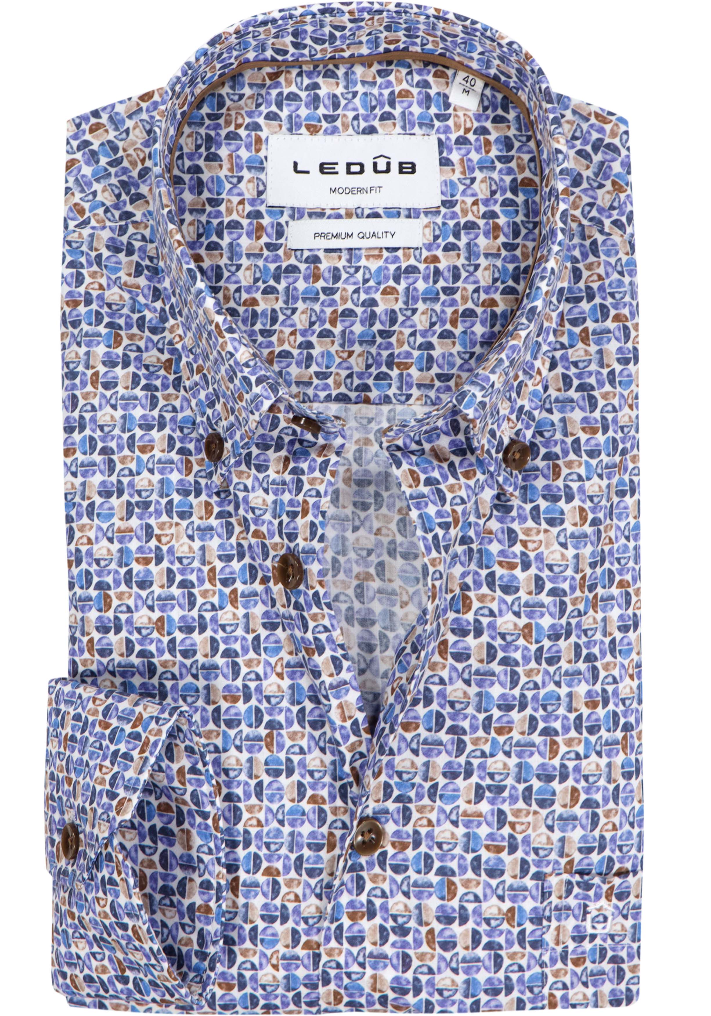 Ledub modern fit overhemd, mouwlengte 72 cm, popeline, blauw met wit en bruin dessin