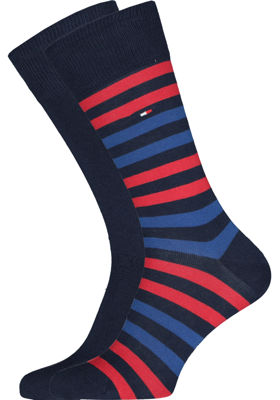 Tommy Hilfiger Duo Stripe Socks (2-pack), herensokken katoen, gestreept en uni, blauw en rood Tommy Hilfiger Duo Stripe Socks (2-pack), herensokken katoen, gestreept en uni, blauw en rood