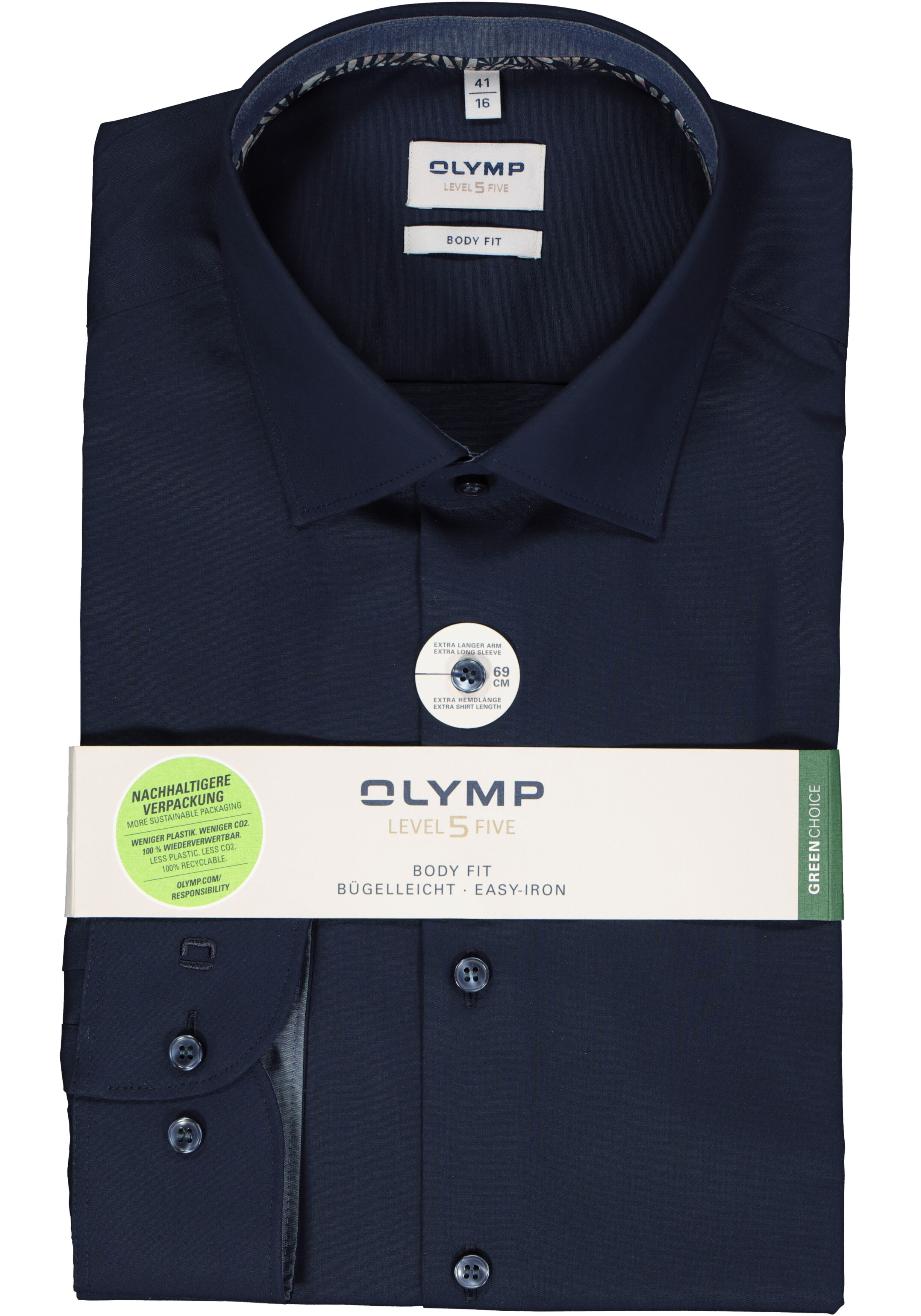 OLYMP Level 5 body fit overhemd, mouwlengte 7, popeline, donkerblauw