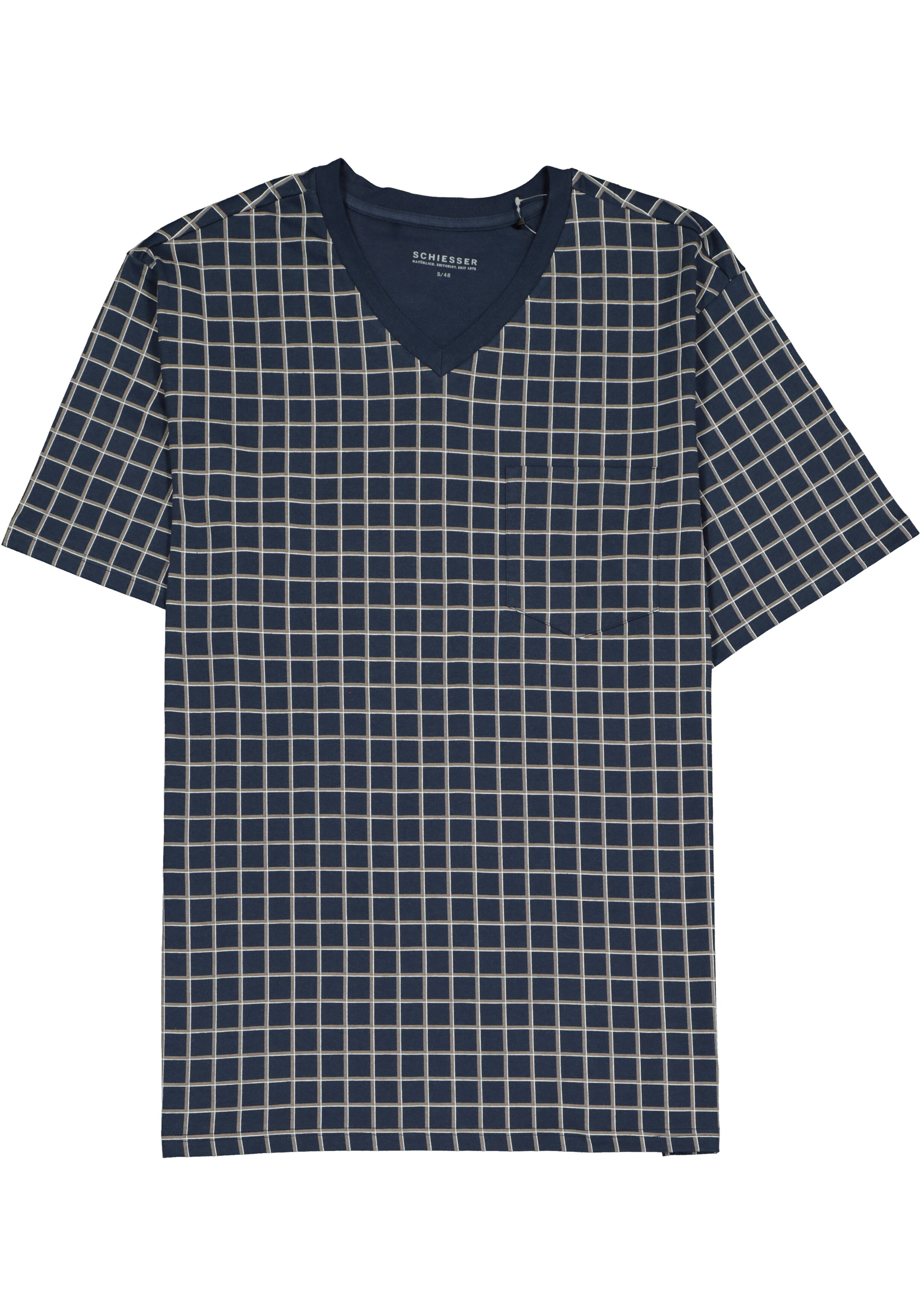 SCHIESSER heren shortama, V-hals, blauw met wit geruit