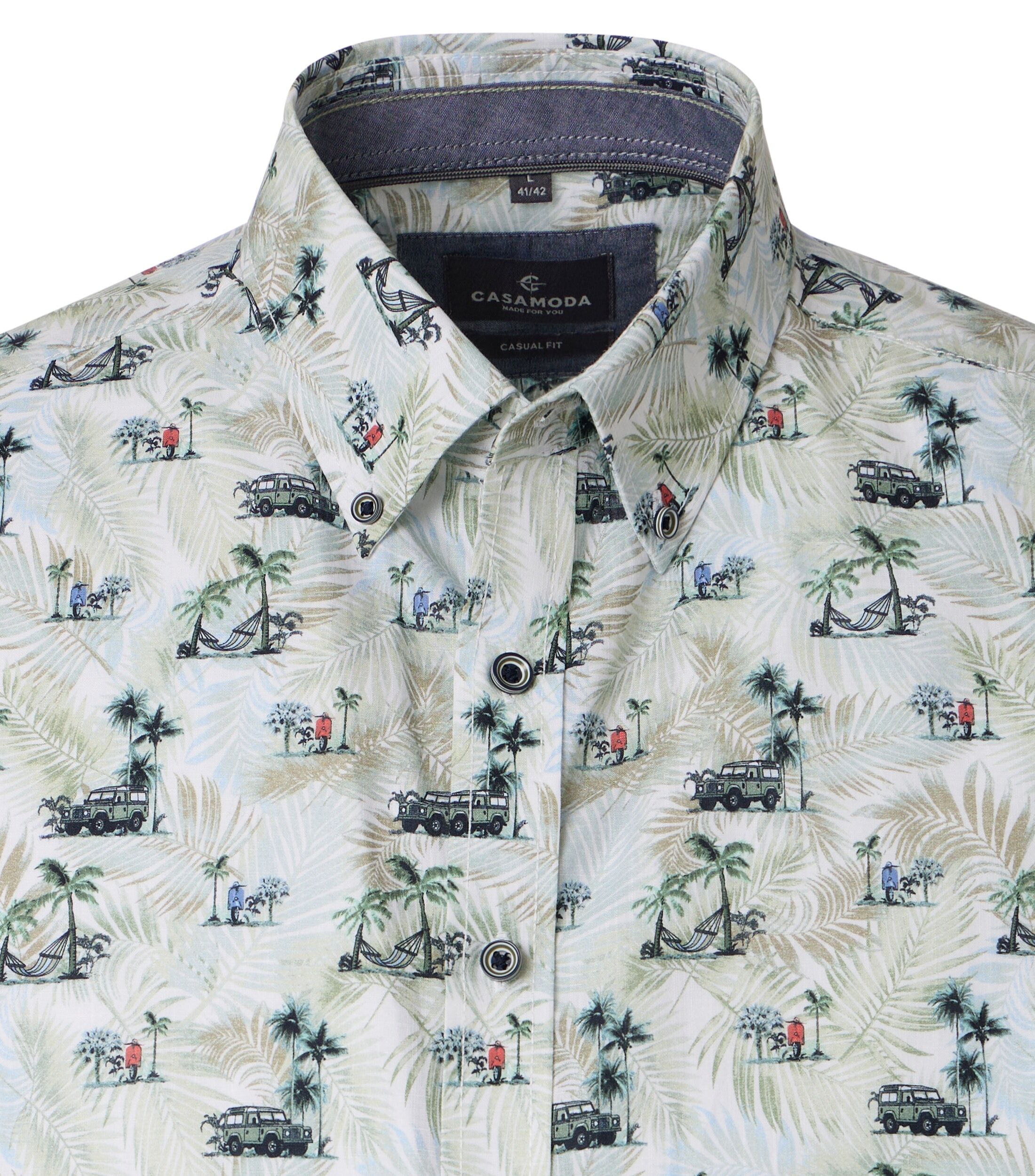 CASA MODA Sport casual fit overhemd, korte mouw, chambray, wit met groen wat rood en blauw dessin