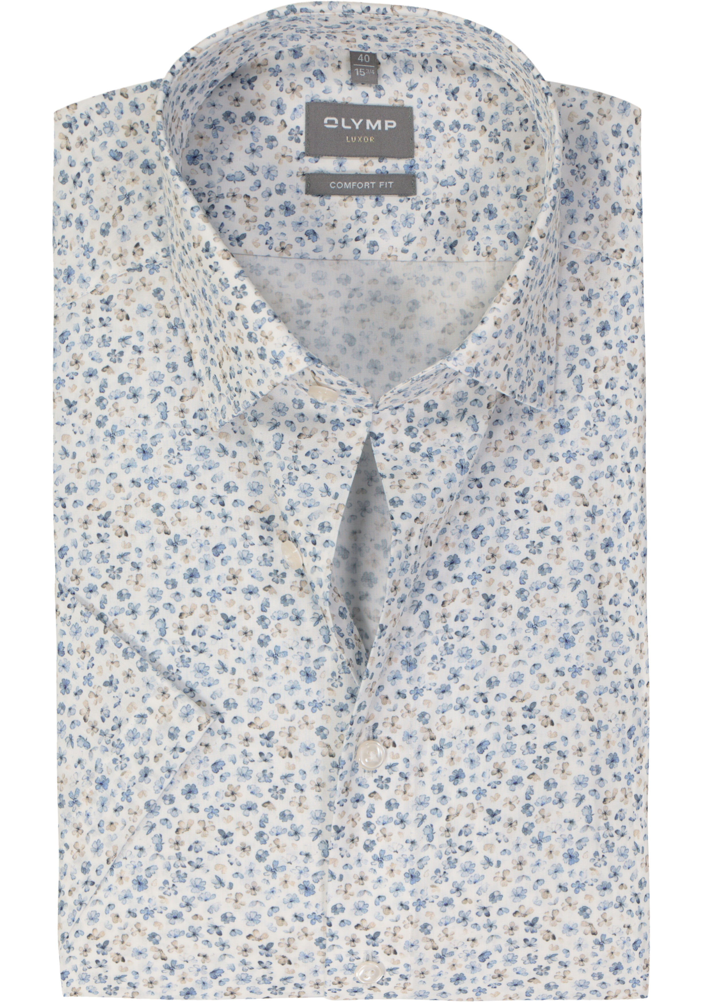OLYMP comfort fit overhemd, korte mouw, popeline, wit bloemetjes dessin