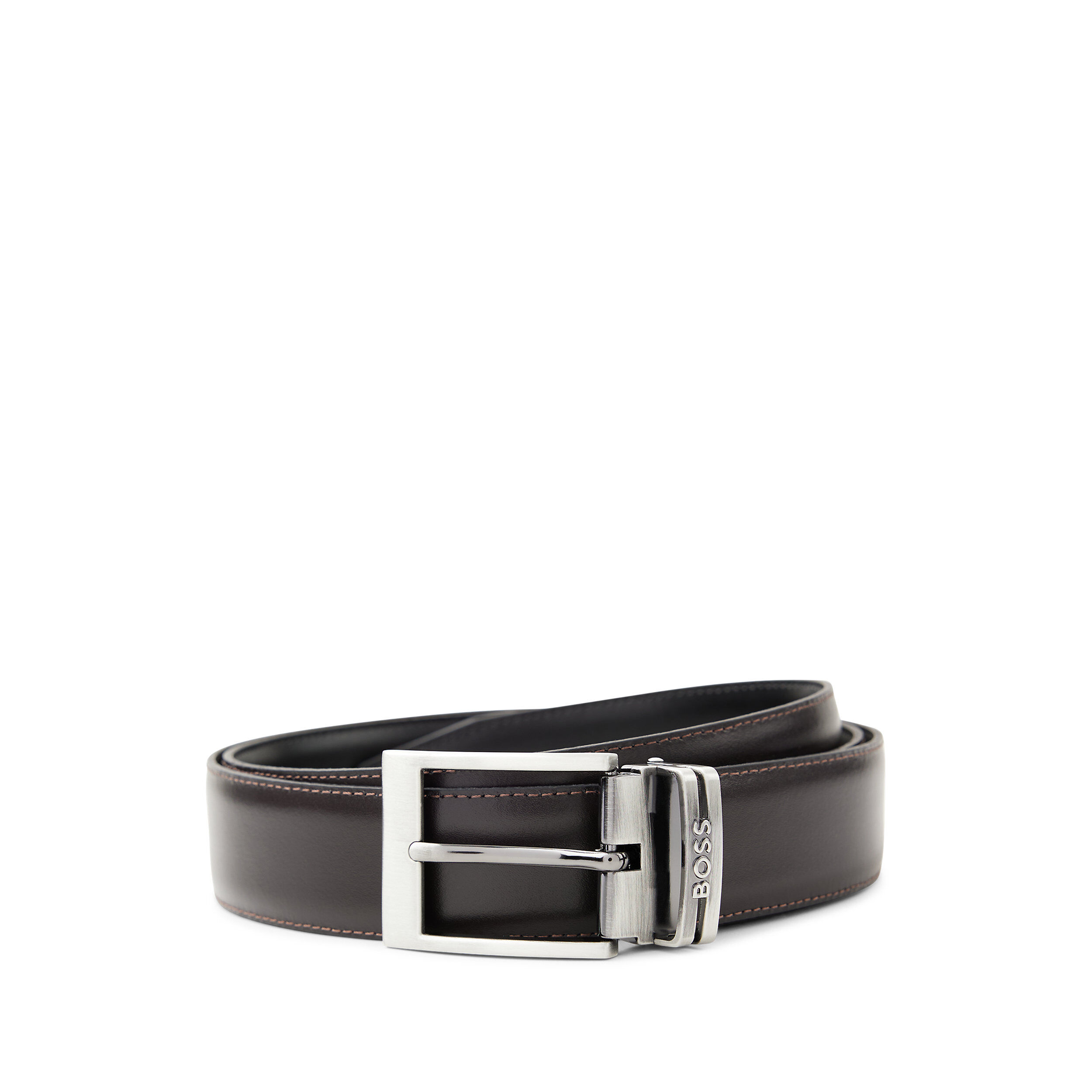 BOSS leren heren riem, zwart en donkerbruin met twee gespen