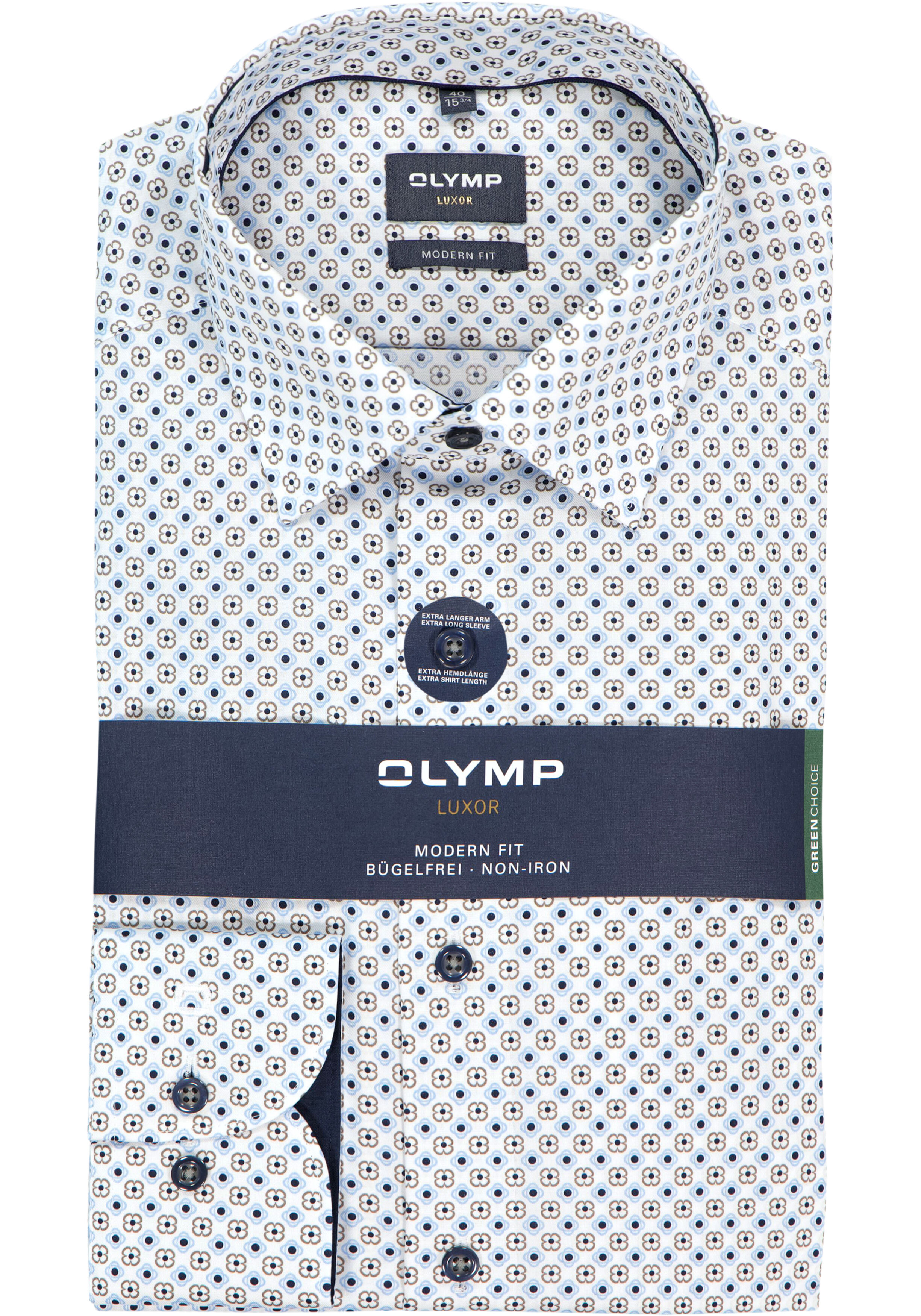 OLYMP Luxor modern fit overhemd, mouwlengte 7, dobby, wit met blauw dessin