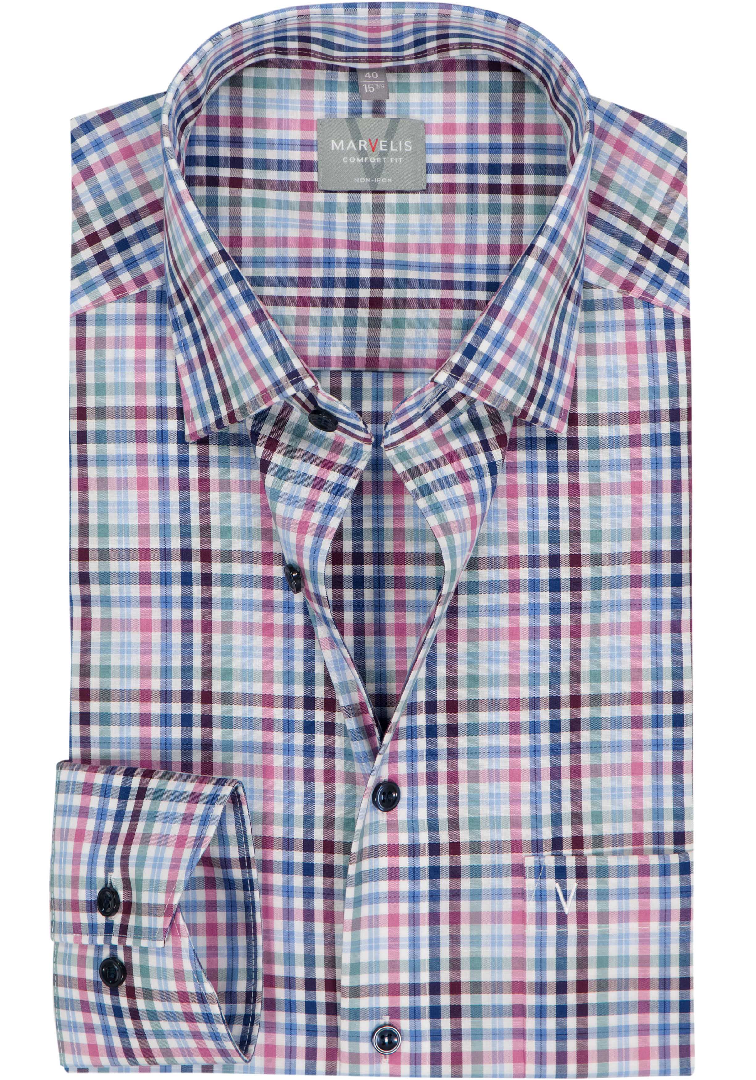 MARVELIS comfort fit overhemd, popeline, wit, rood, blauw en groen geruit