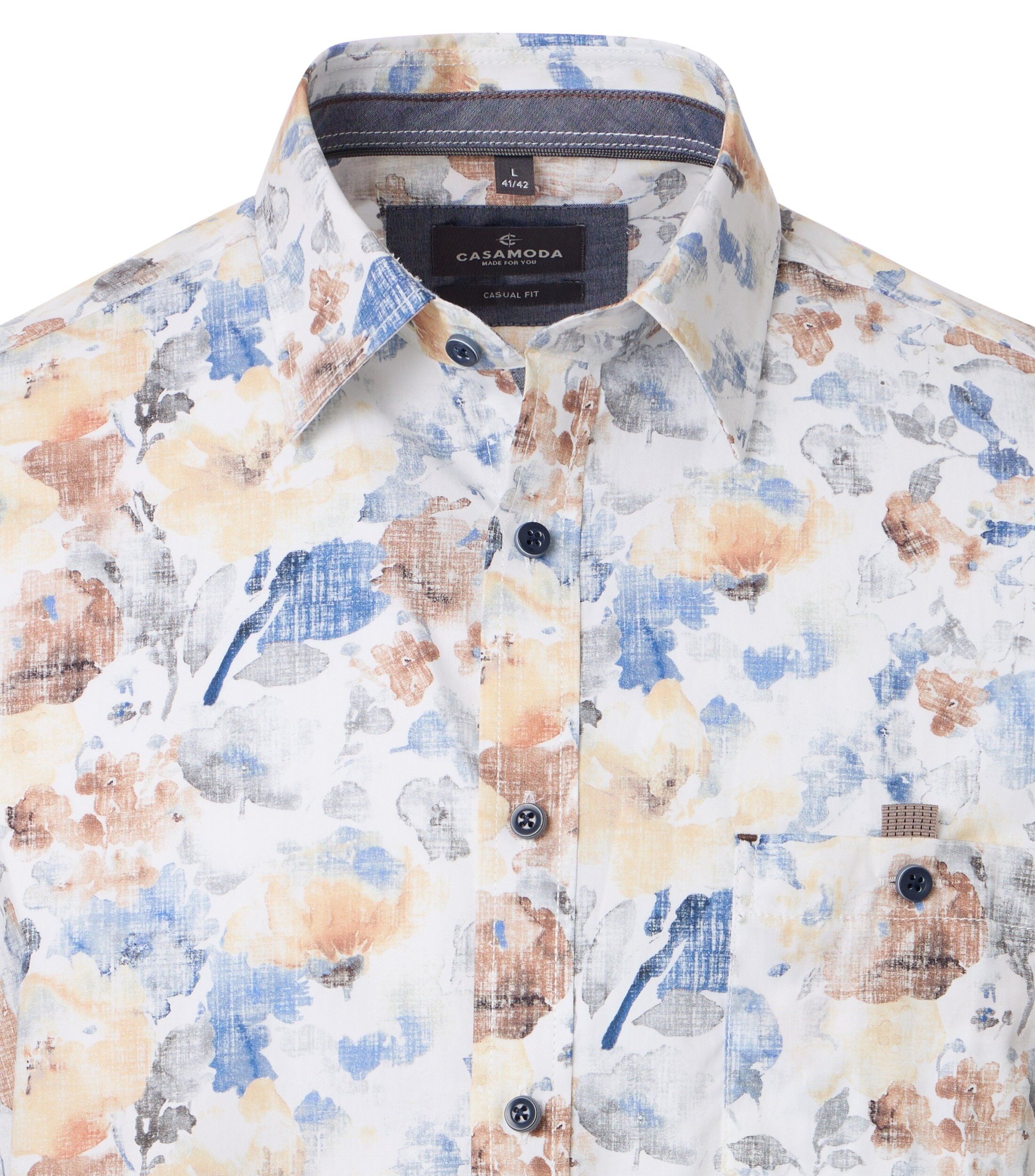 CASA MODA Sport casual fit overhemd, popeline, wit met geel, blauw en bruin bloemen dessin