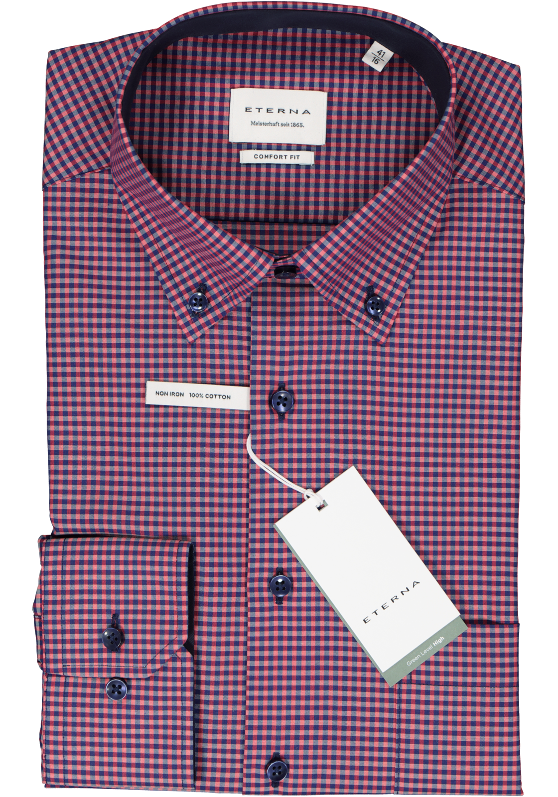 2-4067159185176_eterna-overhemd_HR ETERNA comfort fit overhemd, popeline, roze geruit (contrast)