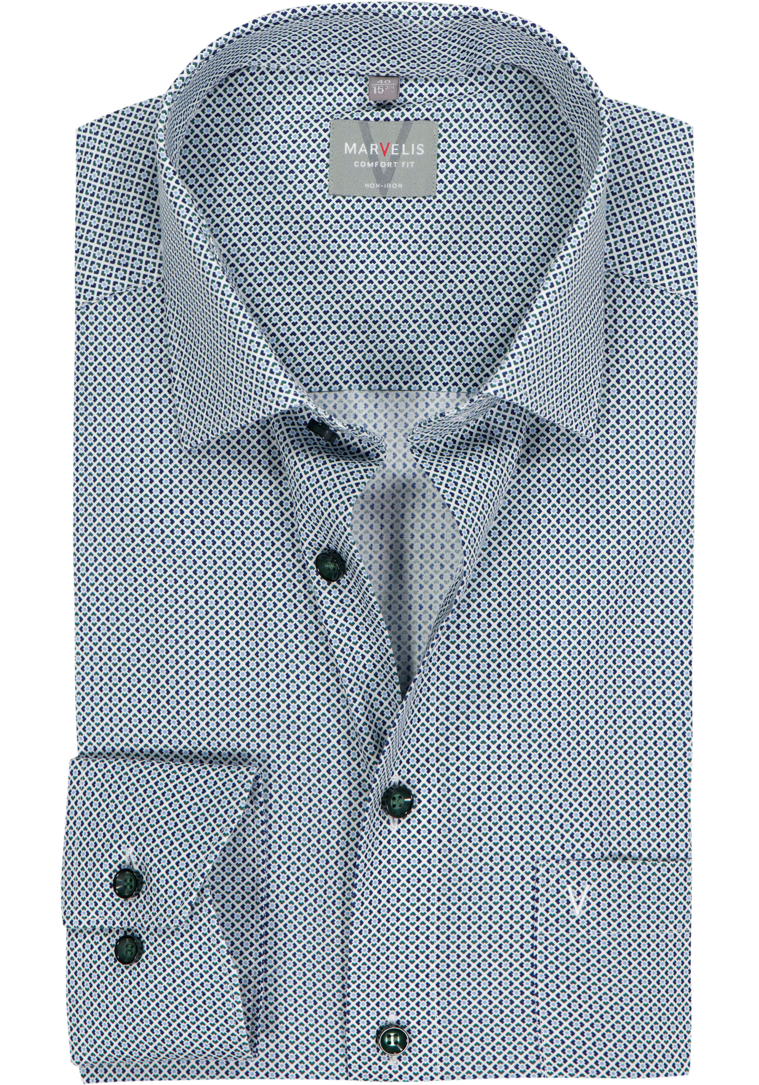MARVELIS comfort fit overhemd, popeline, wit met blauw en groen dessin