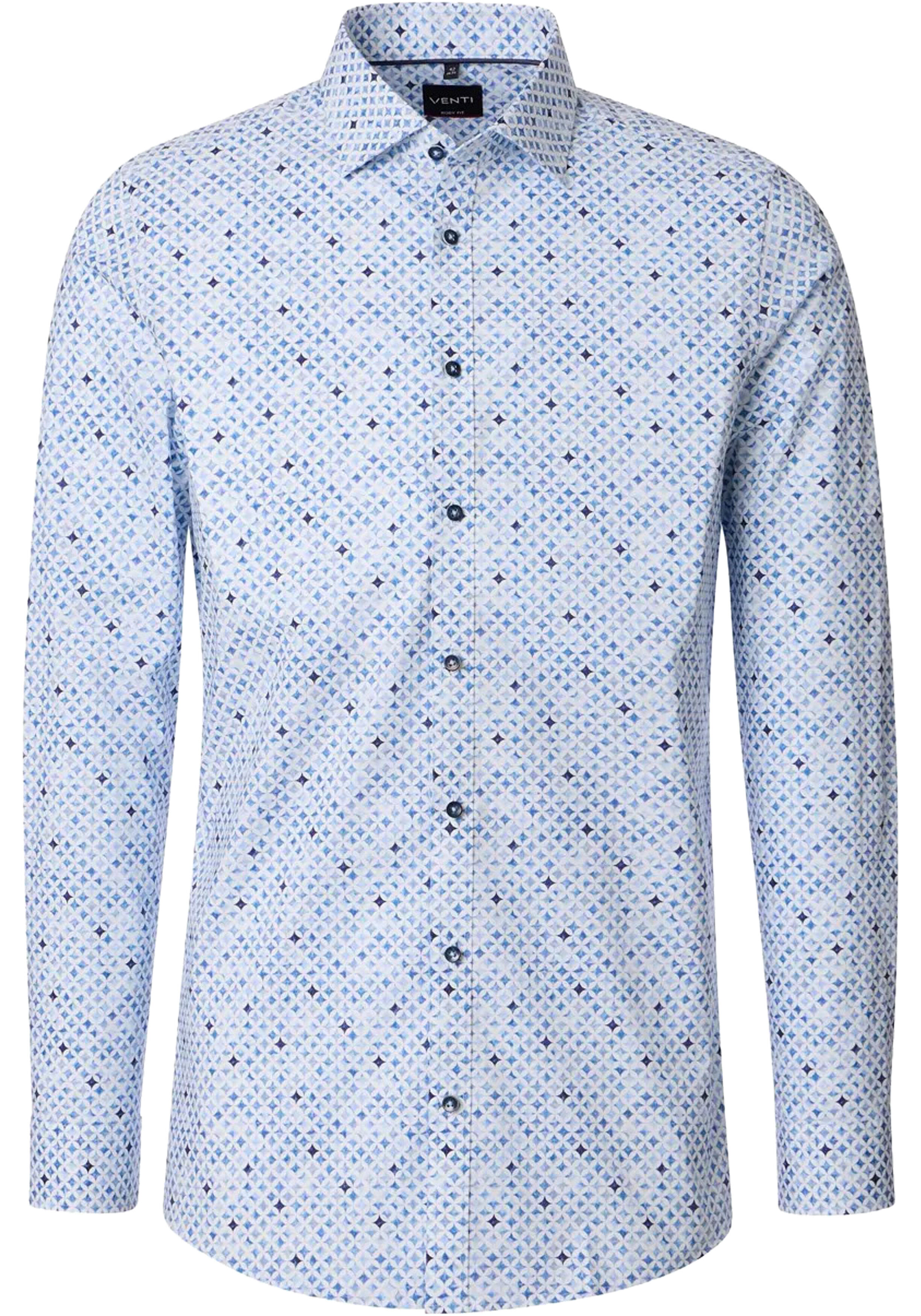 VENTI body fit overhemd, popeline, wit, blauw, lichtblauw dessin