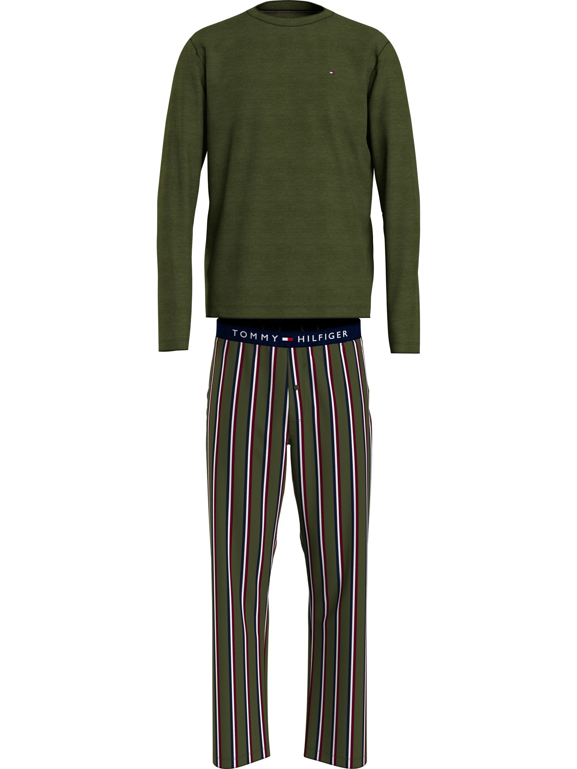 Tommy Hilfiger heren pyjama O-hals, woven set, olijfgroen met gestreepte broek