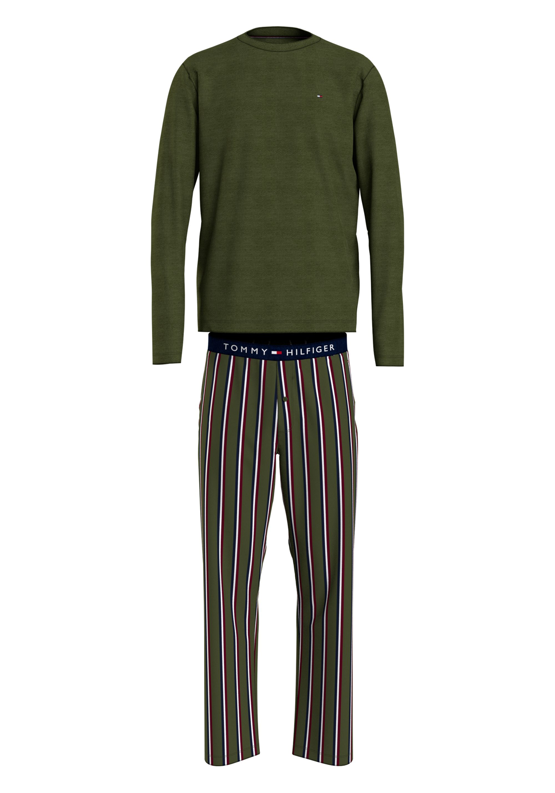 image_2_UM0UM028910T3_F_C3307wid Tommy Hilfiger heren pyjama O-hals, woven set, olijfgroen met gestreepte broek