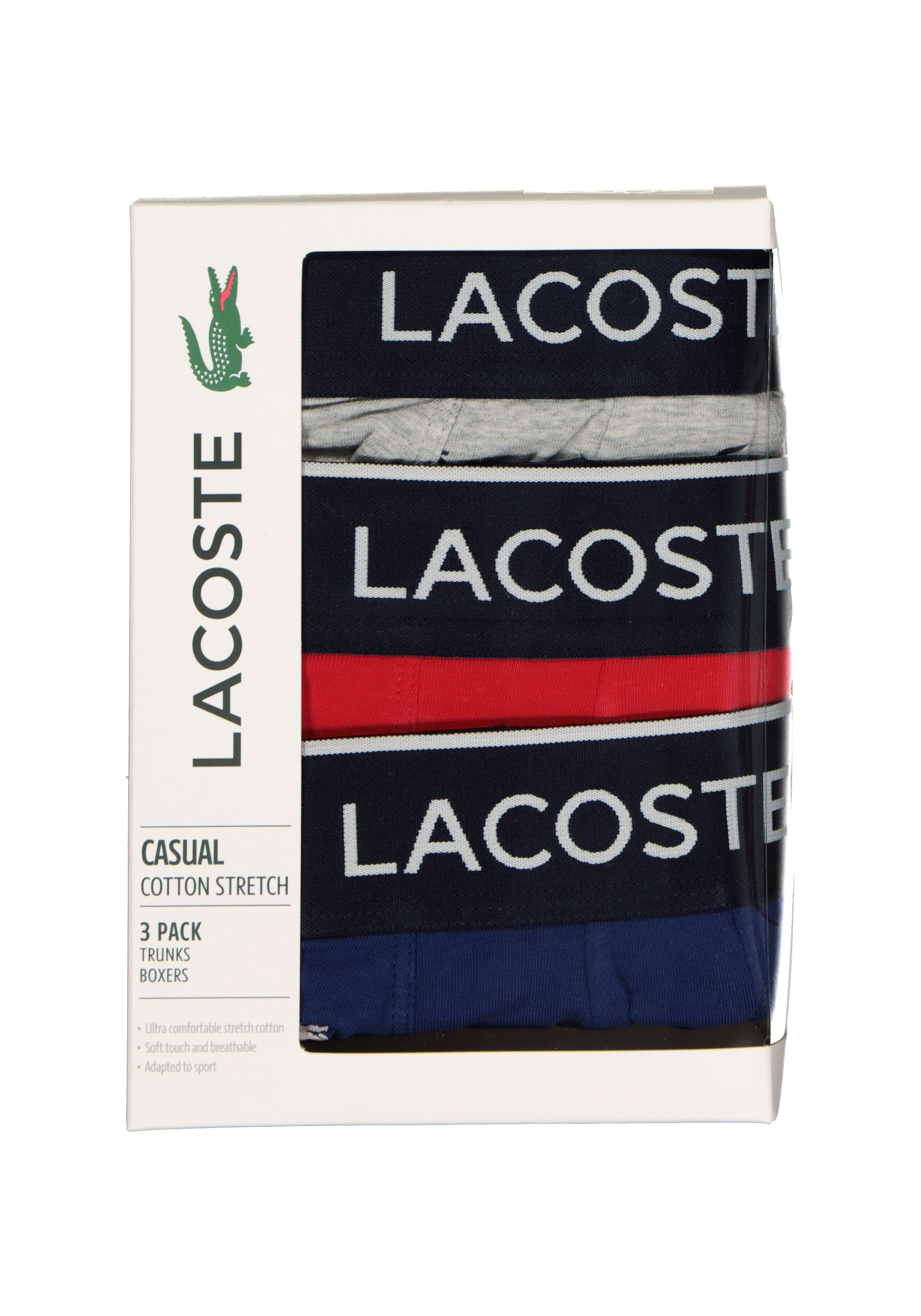 Lacoste Boxer Trunks (3-pack), heren boxers kort, grijs en blauw met logo en uni rood