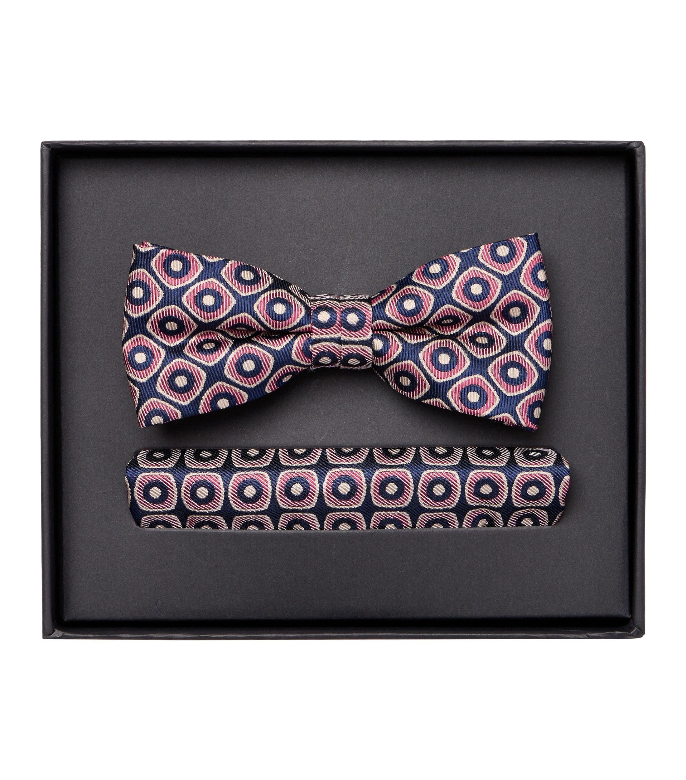 VENTI set met vlinderdas en pochet, rood met blauw en wit dessin