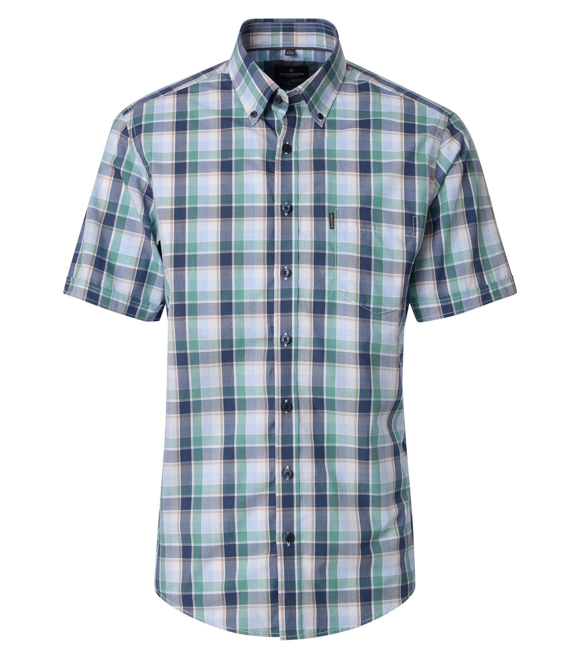 CASA MODA Sport casual fit overhemd, korte mouw, satijnbinding, wit met blauw, groen en beige geruit