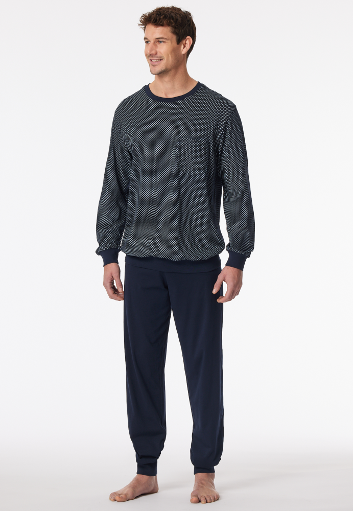 SCHIESSER Cotton Essentials Pyjama lang, heren pyjama set, nachtblauw gestreept