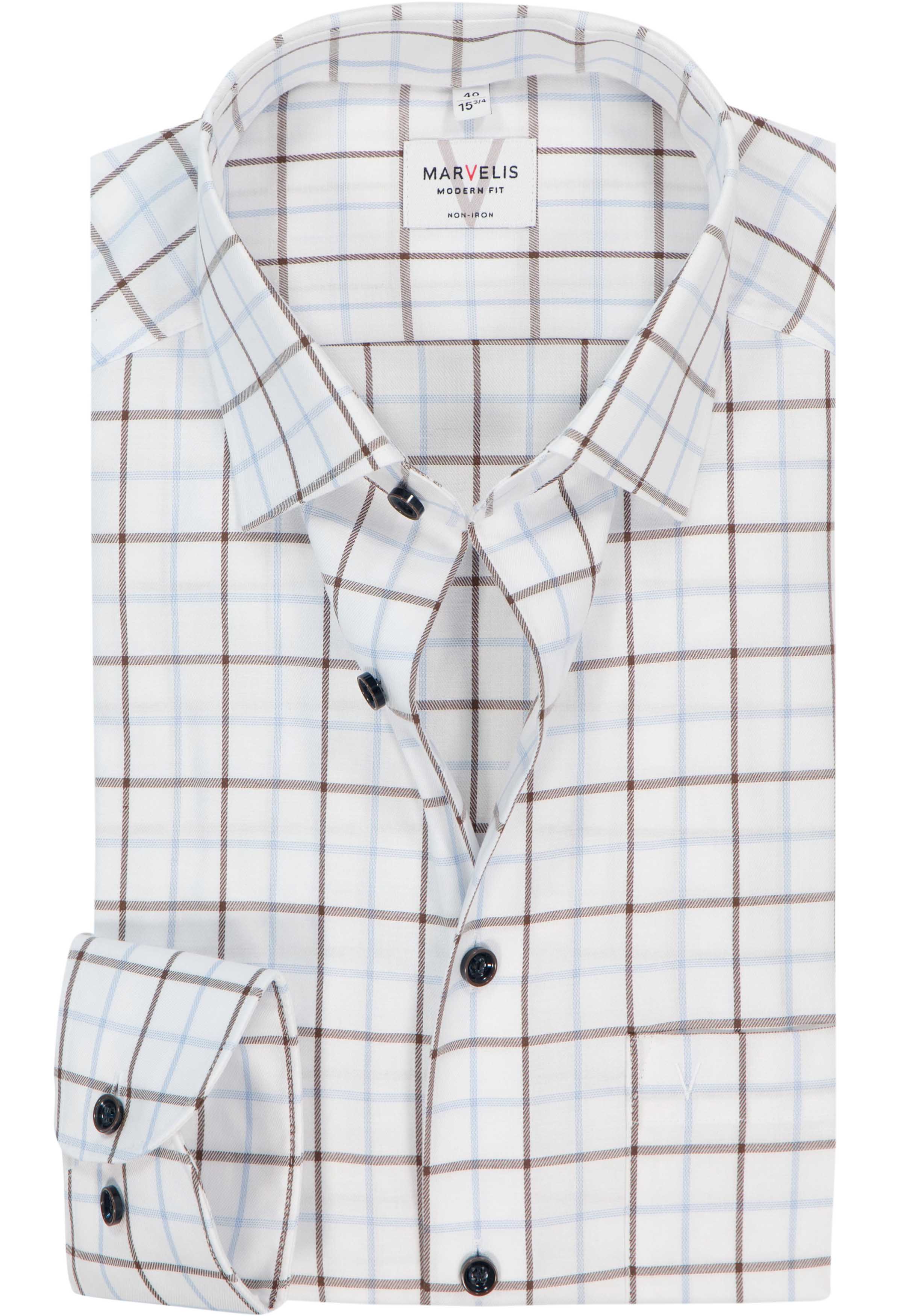 MARVELIS modern fit overhemd, mouwlengte 7, popeline, wit met lichtbruin en lichtblauw geruit