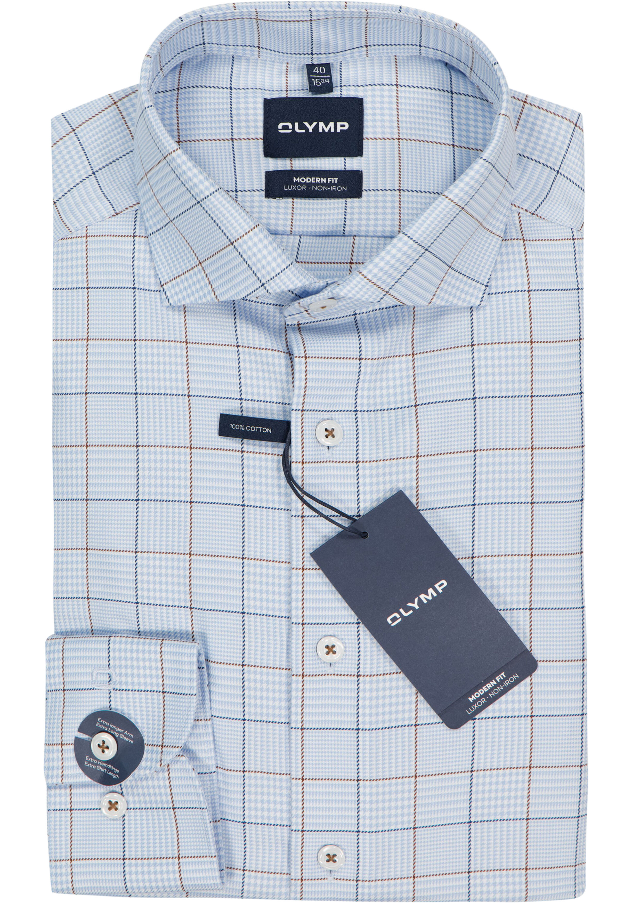 OLYMP Luxor modern fit overhemd, mouwlengte 7, popeline, lichtblauw met bruin en donkerblauw en wit geruit