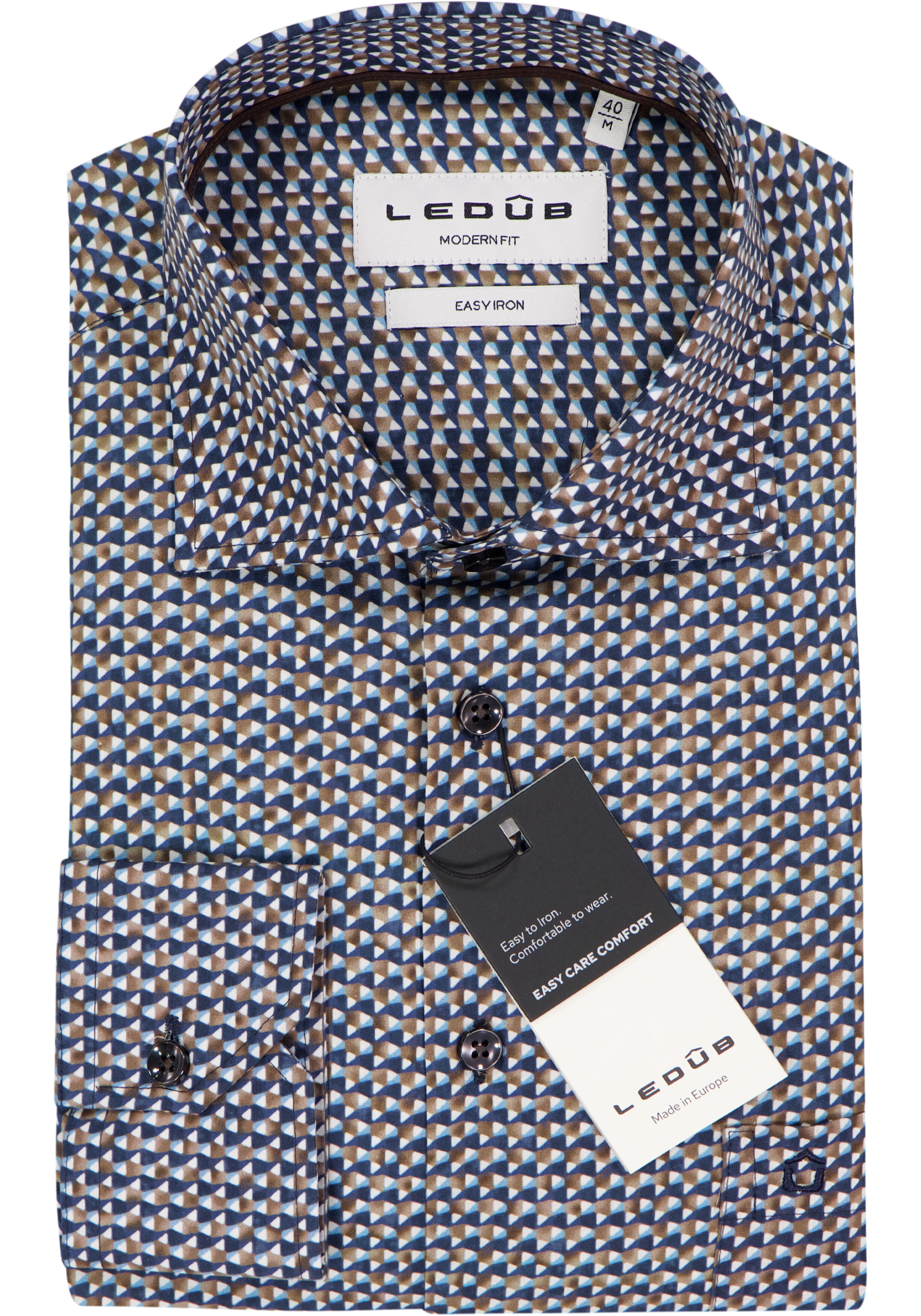 Ledub modern fit overhemd, popeline, donkerblauw dessin