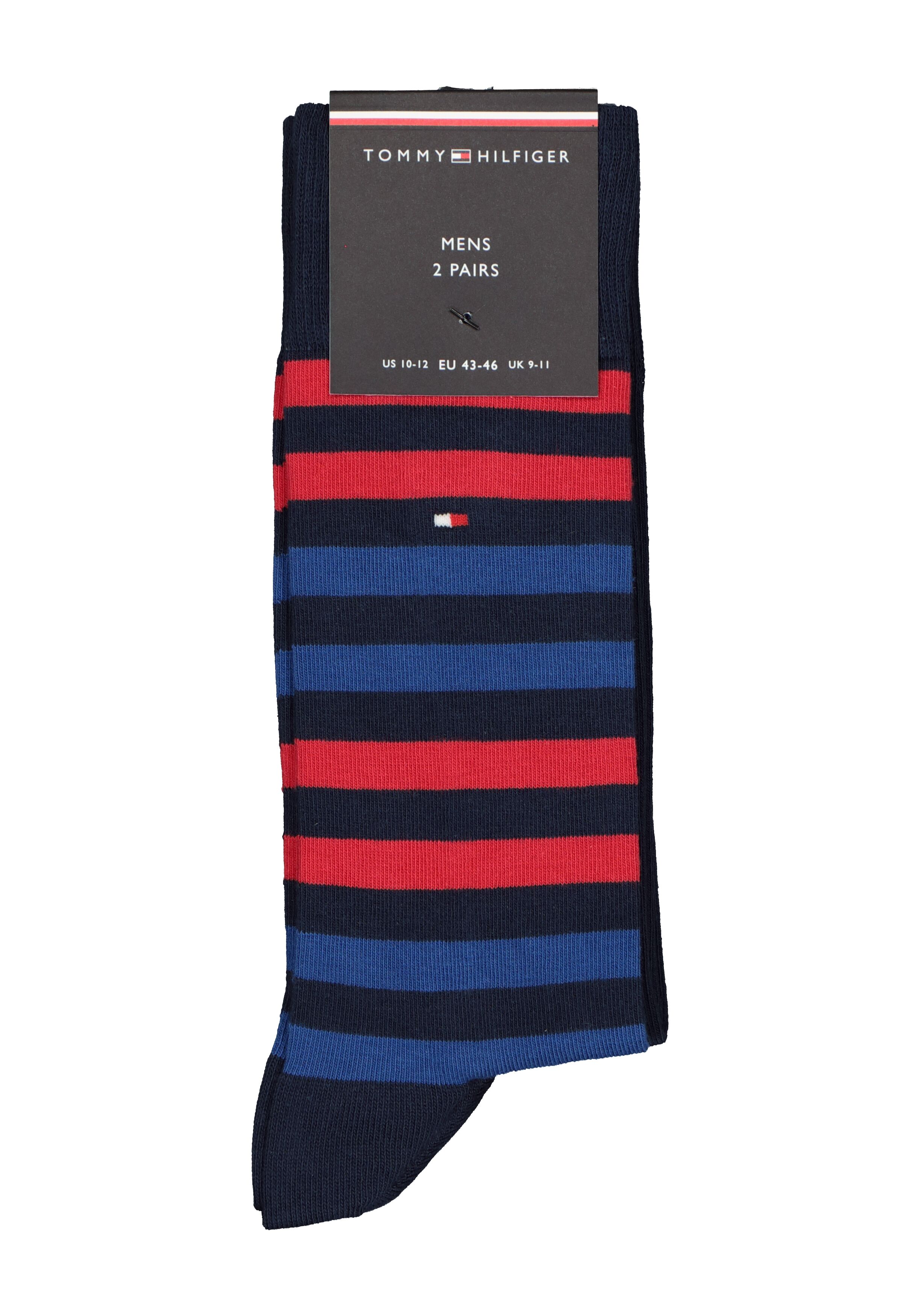 Tommy Hilfiger Duo Stripe Socks (2-pack), herensokken katoen, gestreept en uni, blauw en rood