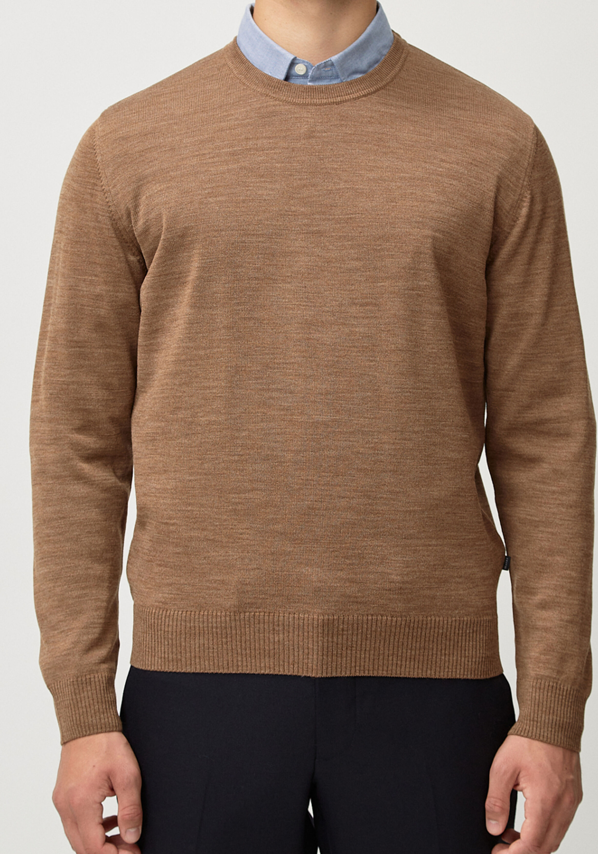 MAERZ Classic Fit heren trui met O-hals wol, bruin