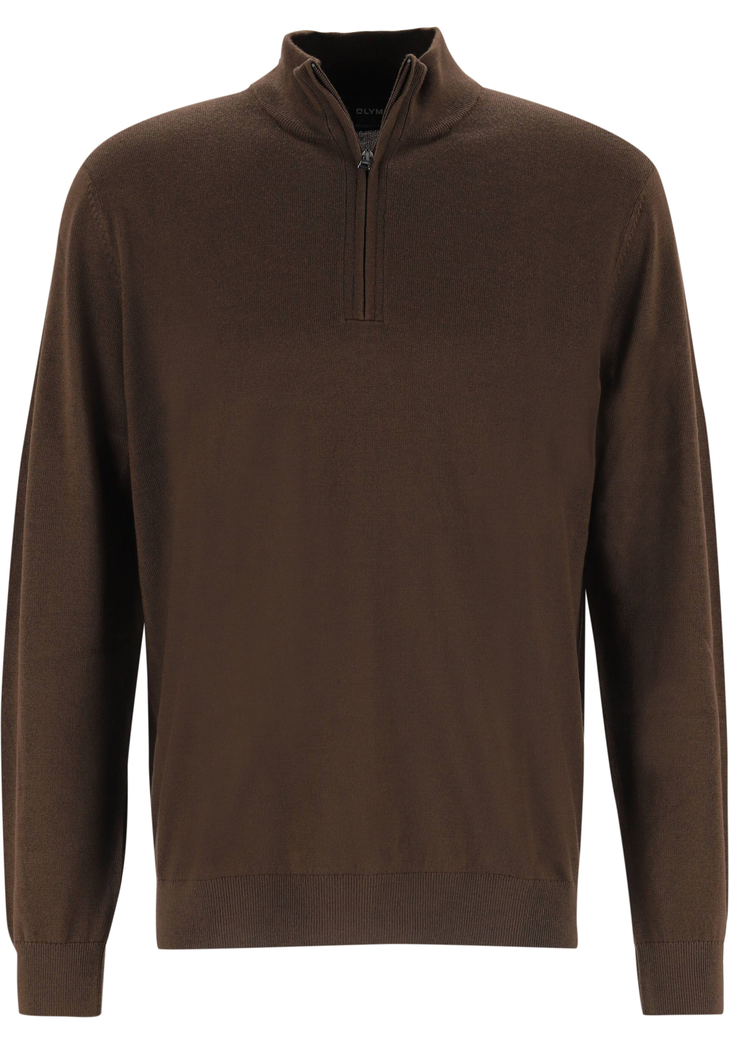 OLYMP Casual modern fit half zip trui wol, korte rits, bruin