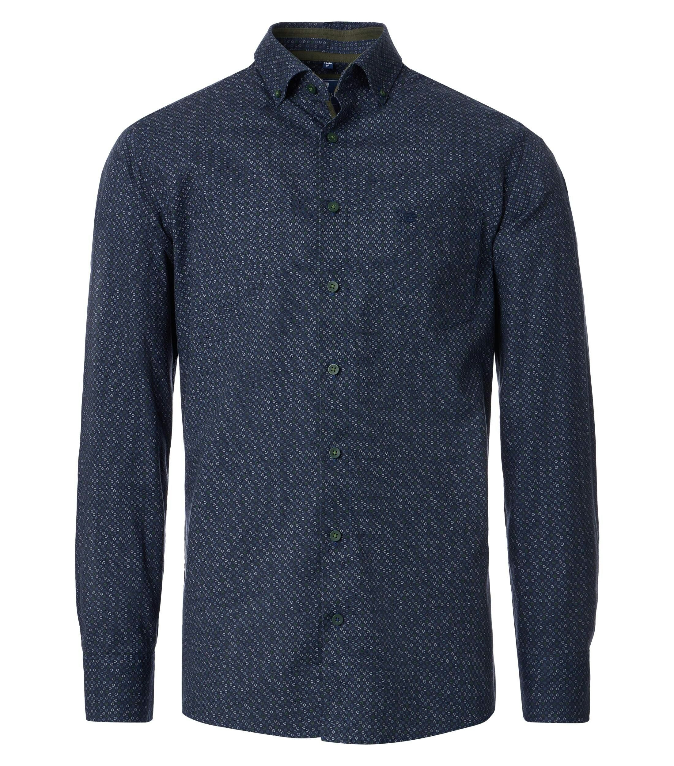 Redmond comfort fit overhemd, popeline, donkerblauw met groen, wit en lichtblauw dessin