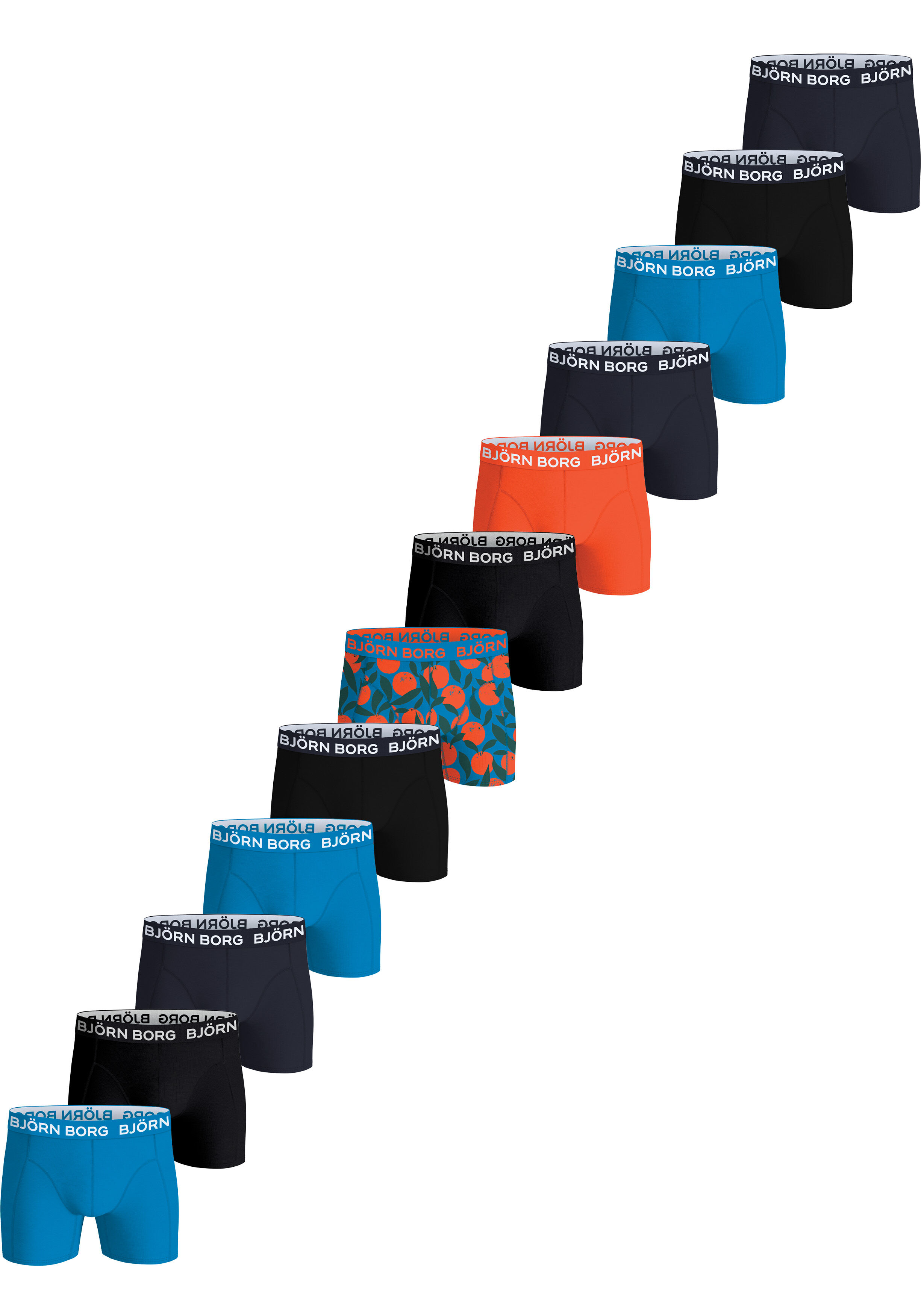 Bjorn Borg Cotton Stretch boxers, heren boxers normale lengte (12-pack), donkerblauw, zwart, kobaltblauw, oranje en oranje sinaasappelprint