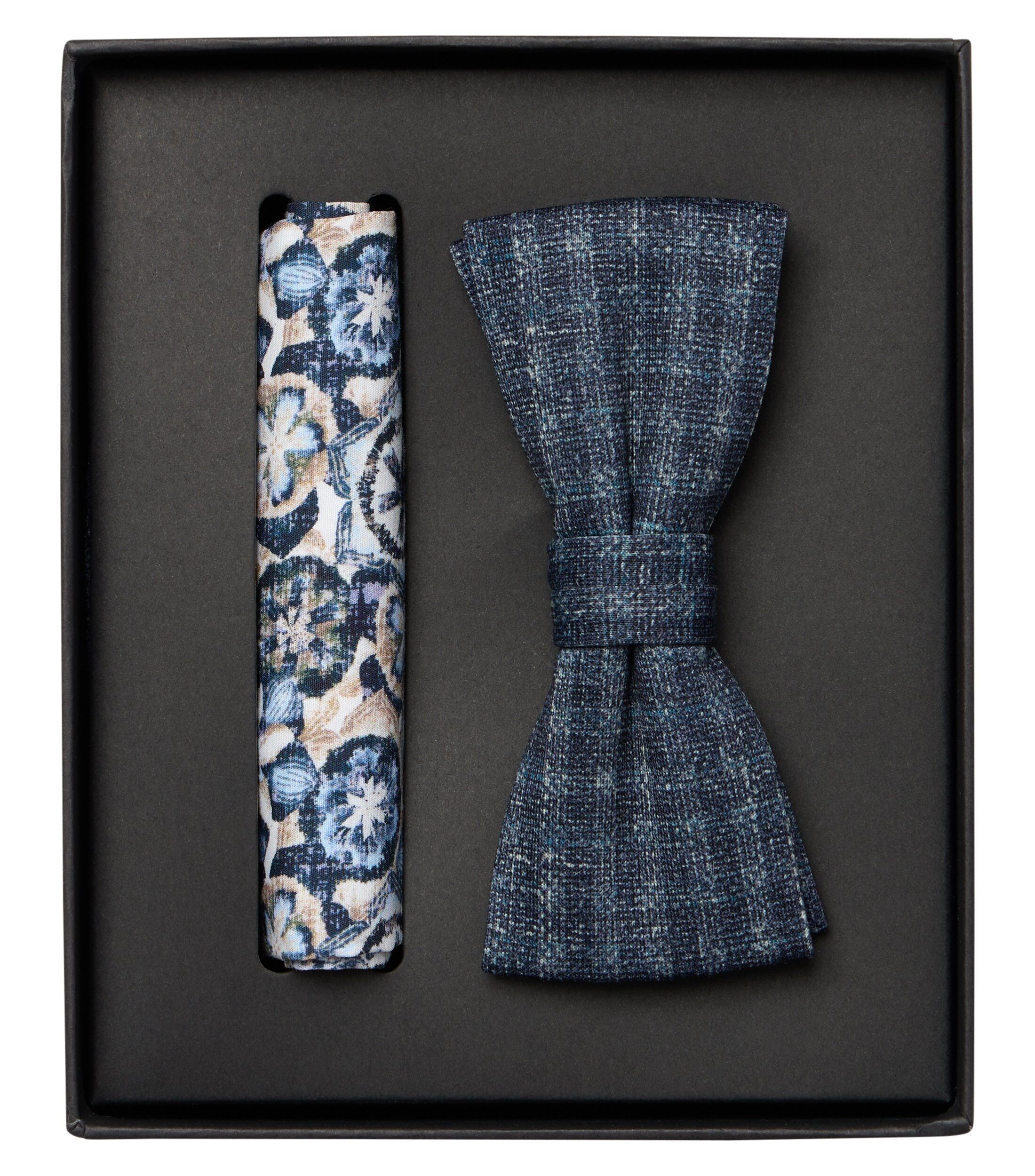VENTI set met vlinderdas en pochet, donkerblauw, blauw, wit, beige dessin