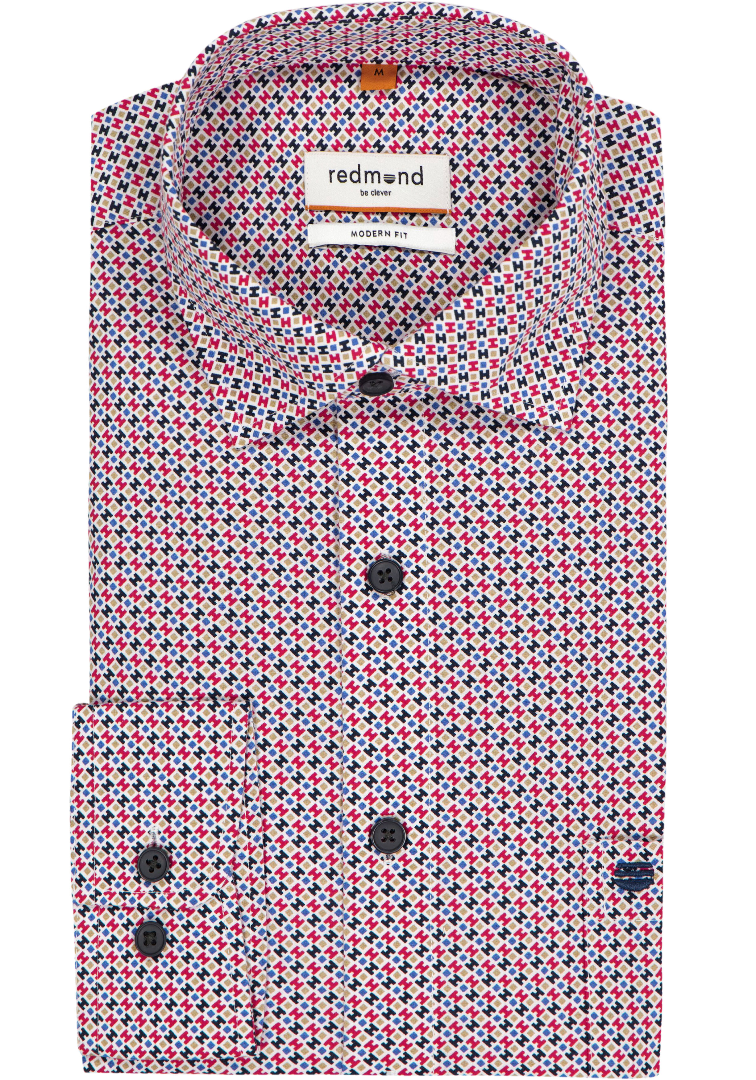 Redmond modern fit overhemd, popeline, blauw met rood, wit en beige dessin