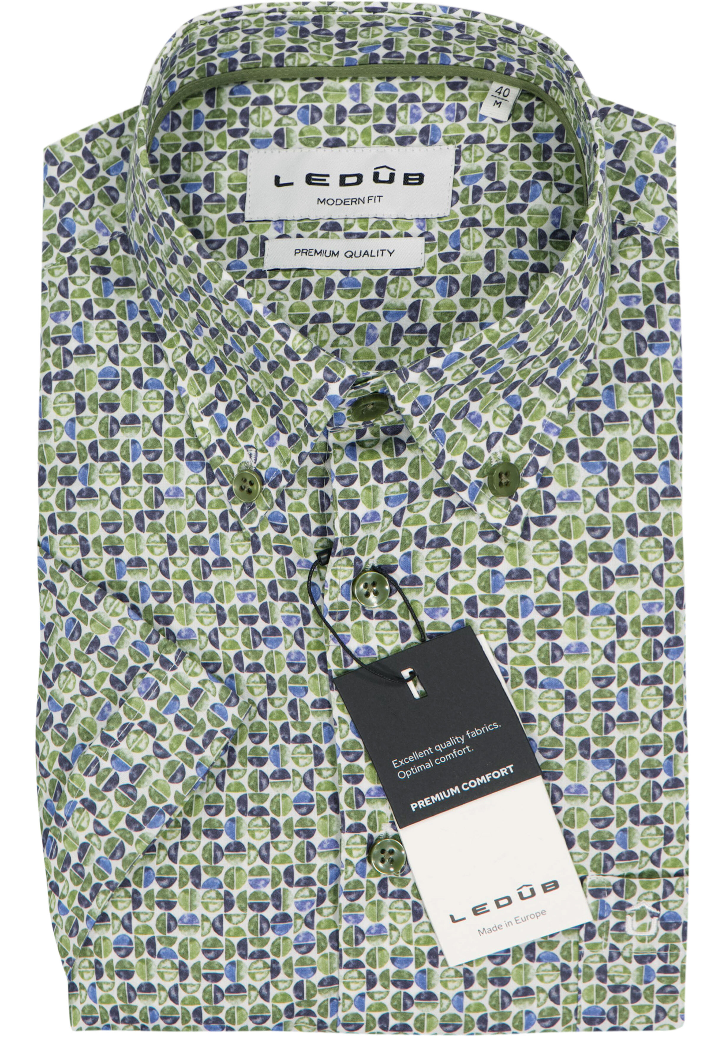 Ledub modern fit overhemd, korte mouw, popeline, blauw met groen en wit dessin