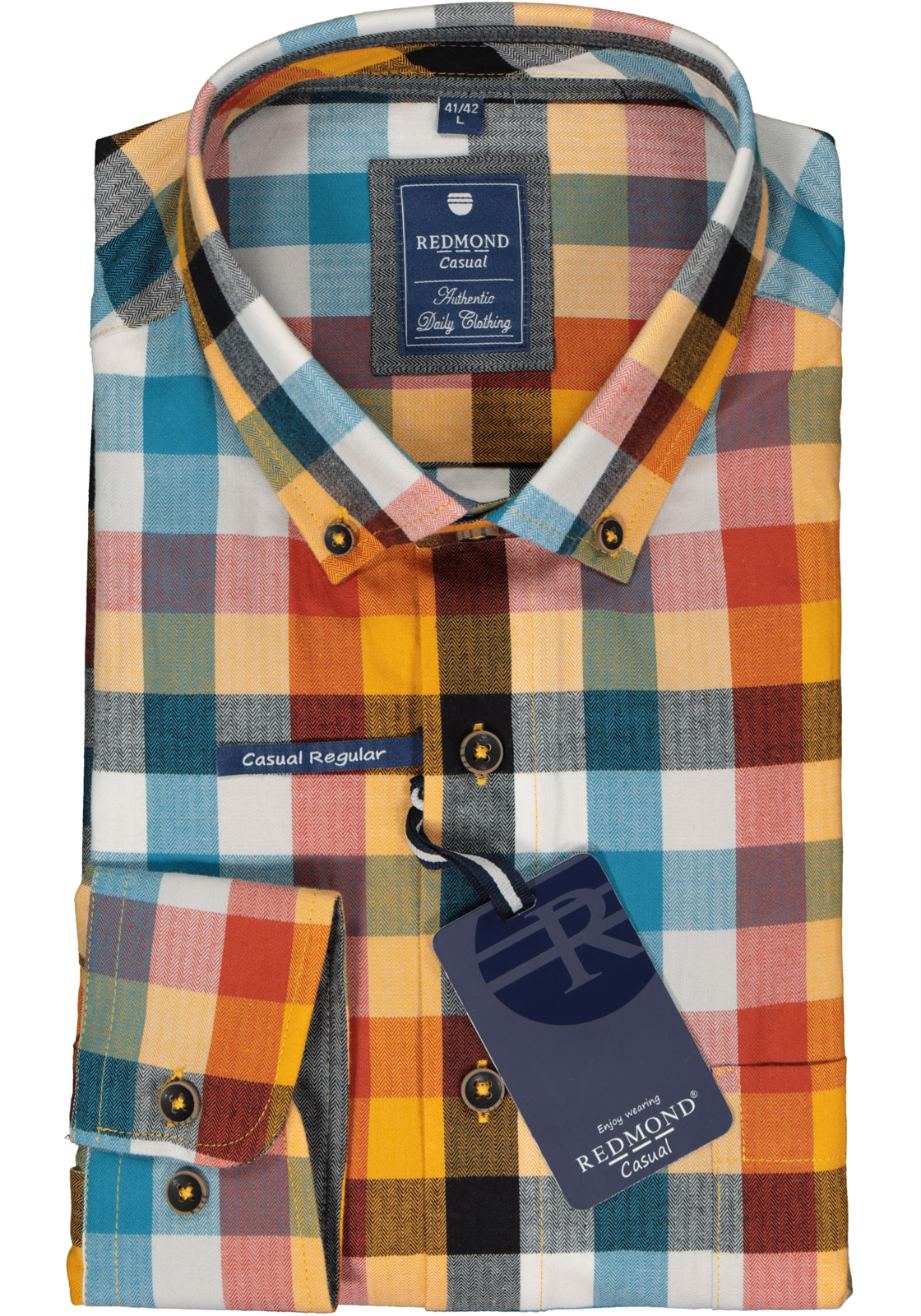 2-4061933332749_Redmond_overhemd__HR Redmond regular fit overhemd, herringbone, blauw, rood, geel en petrol geruit