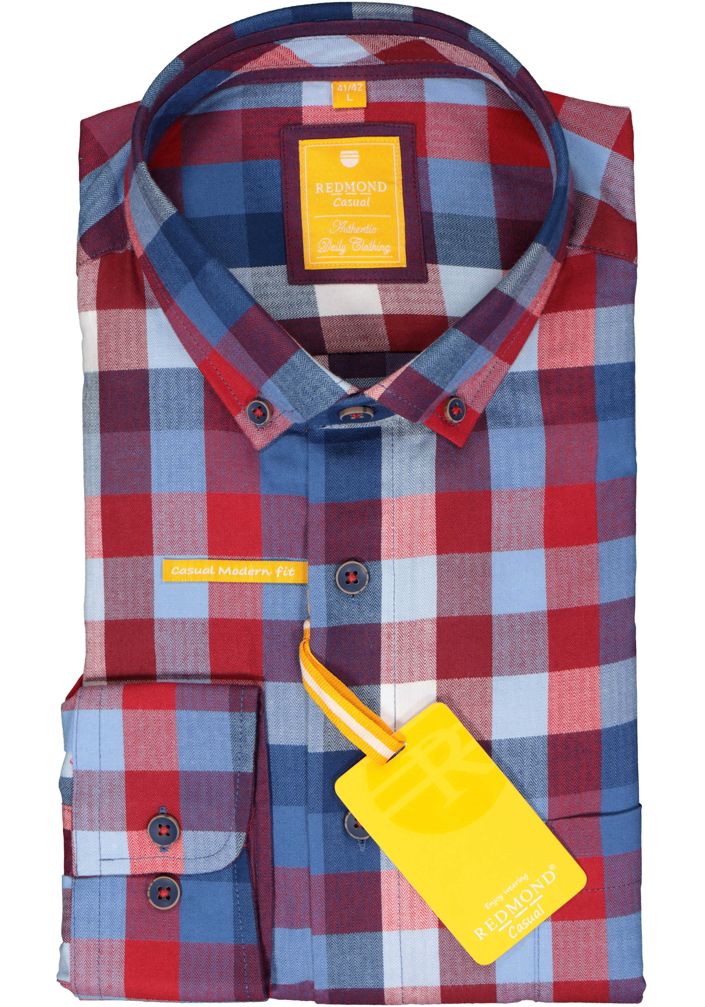 Redmond modern fit overhemd, herringbone, blauw met rood en wit geruit