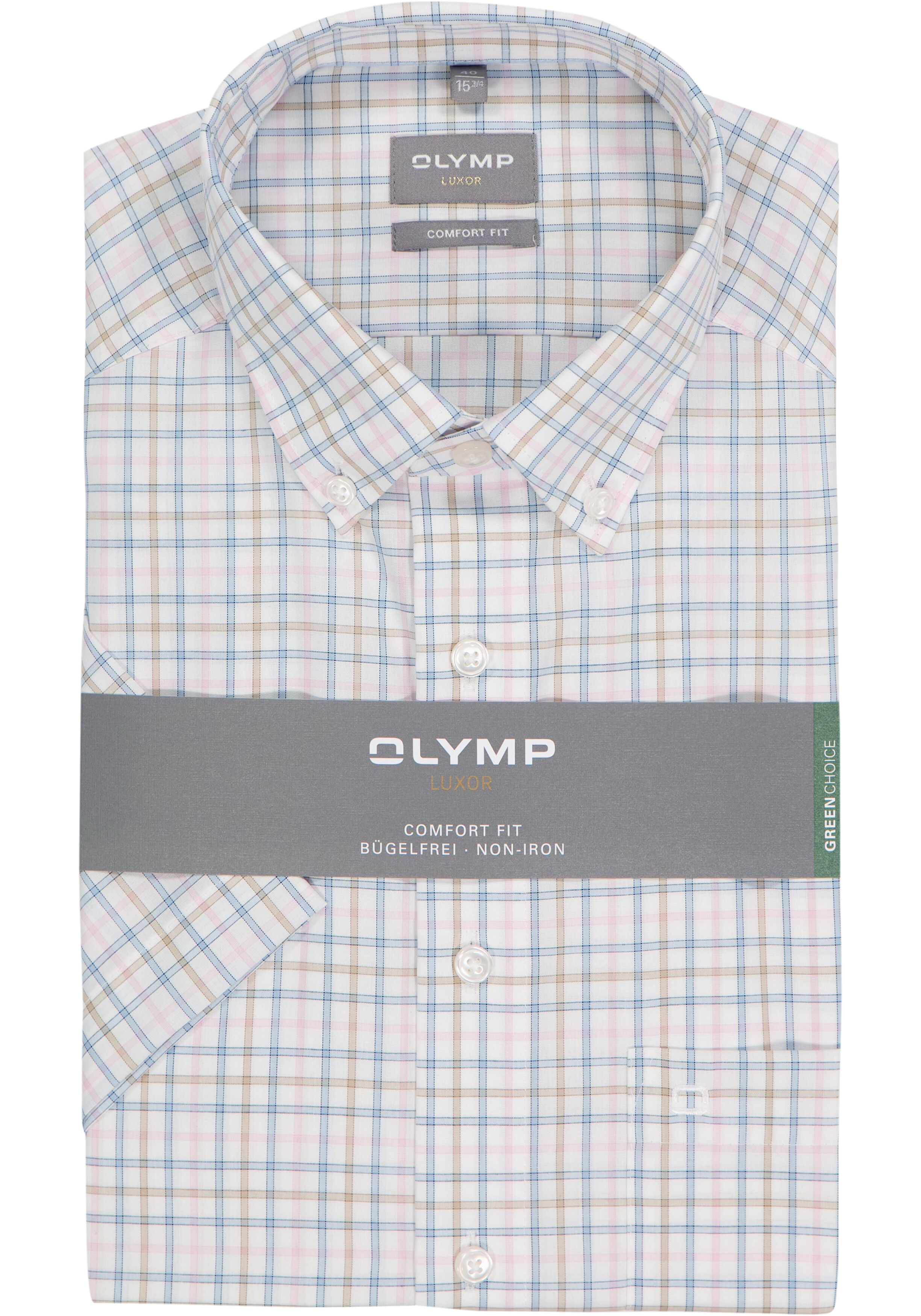 OLYMP Luxor comfort fit overhemd, korte mouw, popeline, wit met roze, lichtblauw en beige geruit
